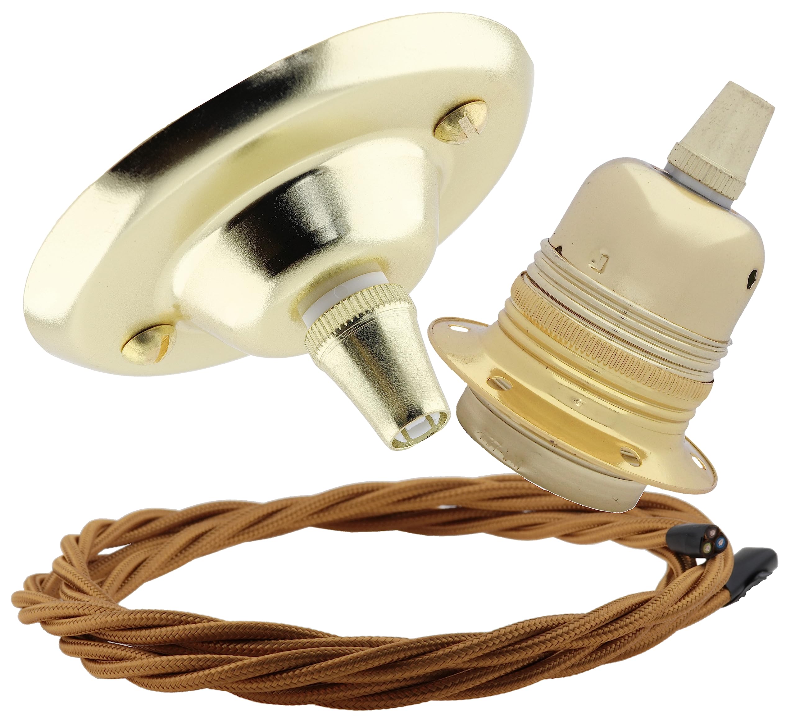 Repaireum Ltd. Vintage Styled Ceiling Pendant Kit incl. Polished Brass Effect Rose, E27 Bulb Holder and 3 Core Antique Gold Braided Twisted Flex