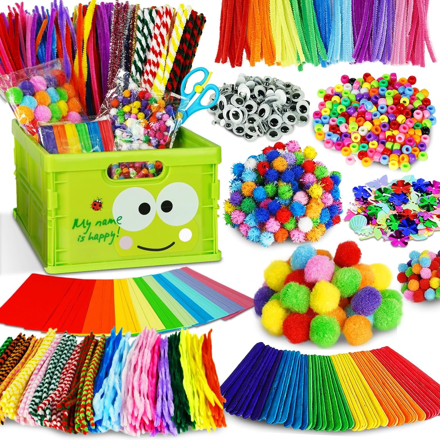 Arts and Crafts Supplies for Kids - 1400Pcs+ Kids Crafts for Kids with Construction Paper, Pom Poms, Googly Eyes & Pony Beads, DIY Crafts Activties Halloween Christmas Set Gifts for Kids Ages 4-12