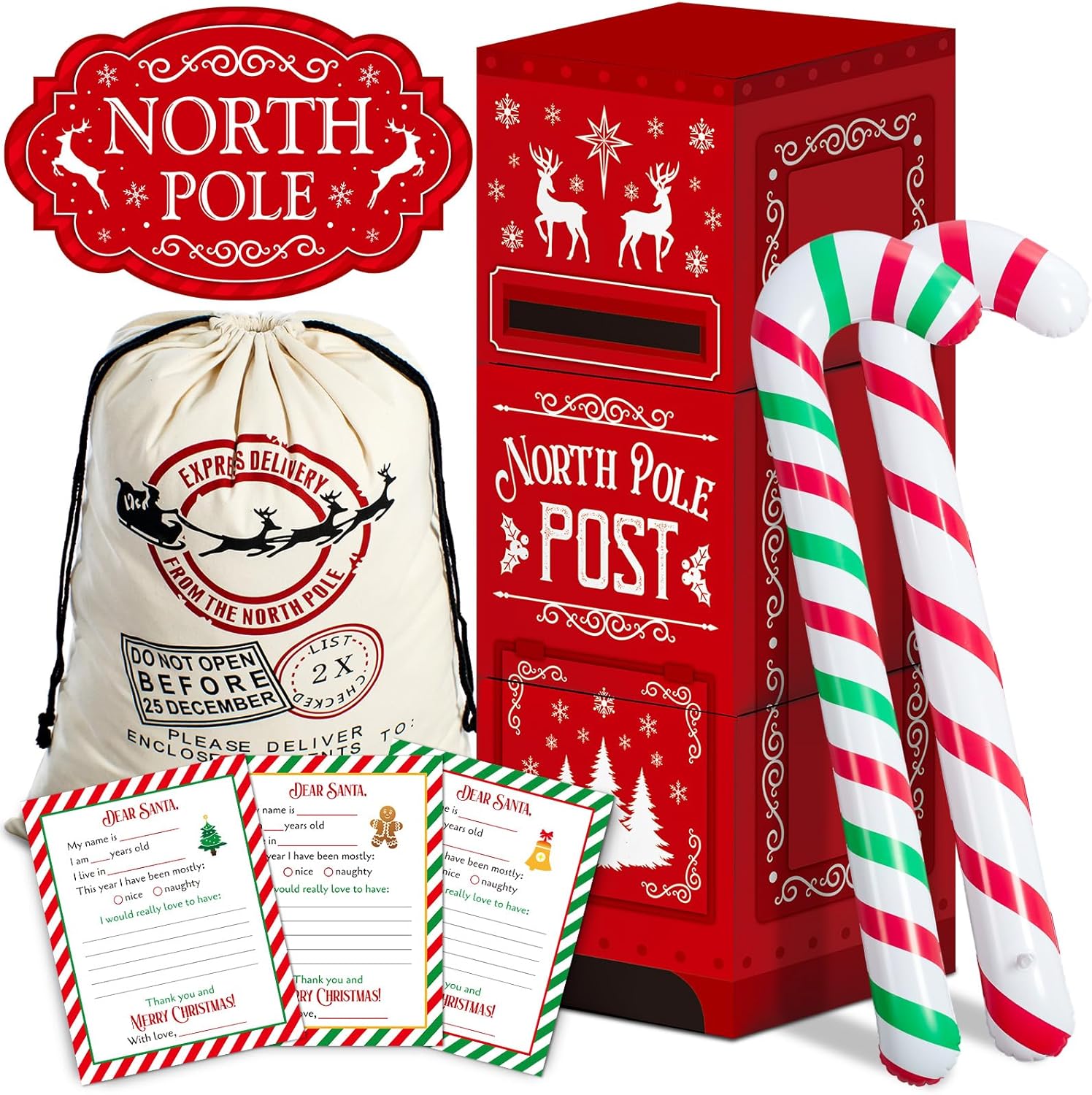 10 Pcs Christmas Letters to Santa Mailbox Kit North Pole Delivery Decoration with Letters Santa Sacks Christmas Decorative Box for Home Room Xmas Holiday Party Decorative