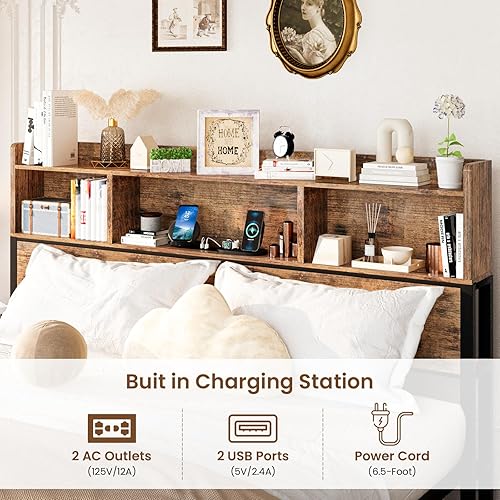 Miniatura 5 de Lamerge Base de cama matrimonial con cabecera de almacenamiento y estación de carga, plataforma de metal con almacenamiento de estantería, no