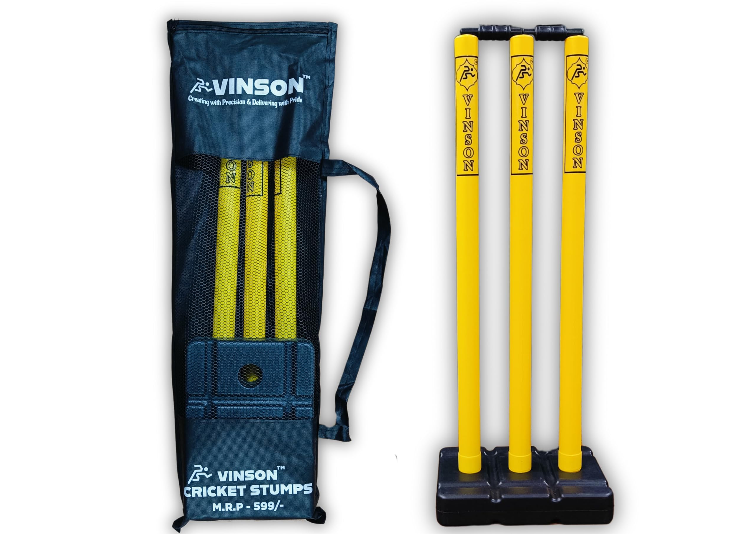 Vinson Senior Heavy Duty Cricket Stumps Set with Zipper Carry Bag for Kids & Adults, Color - Yellow & Black, Weight - 750 GMS, No Water/Mud Needed to Increase The Weight of The Base.