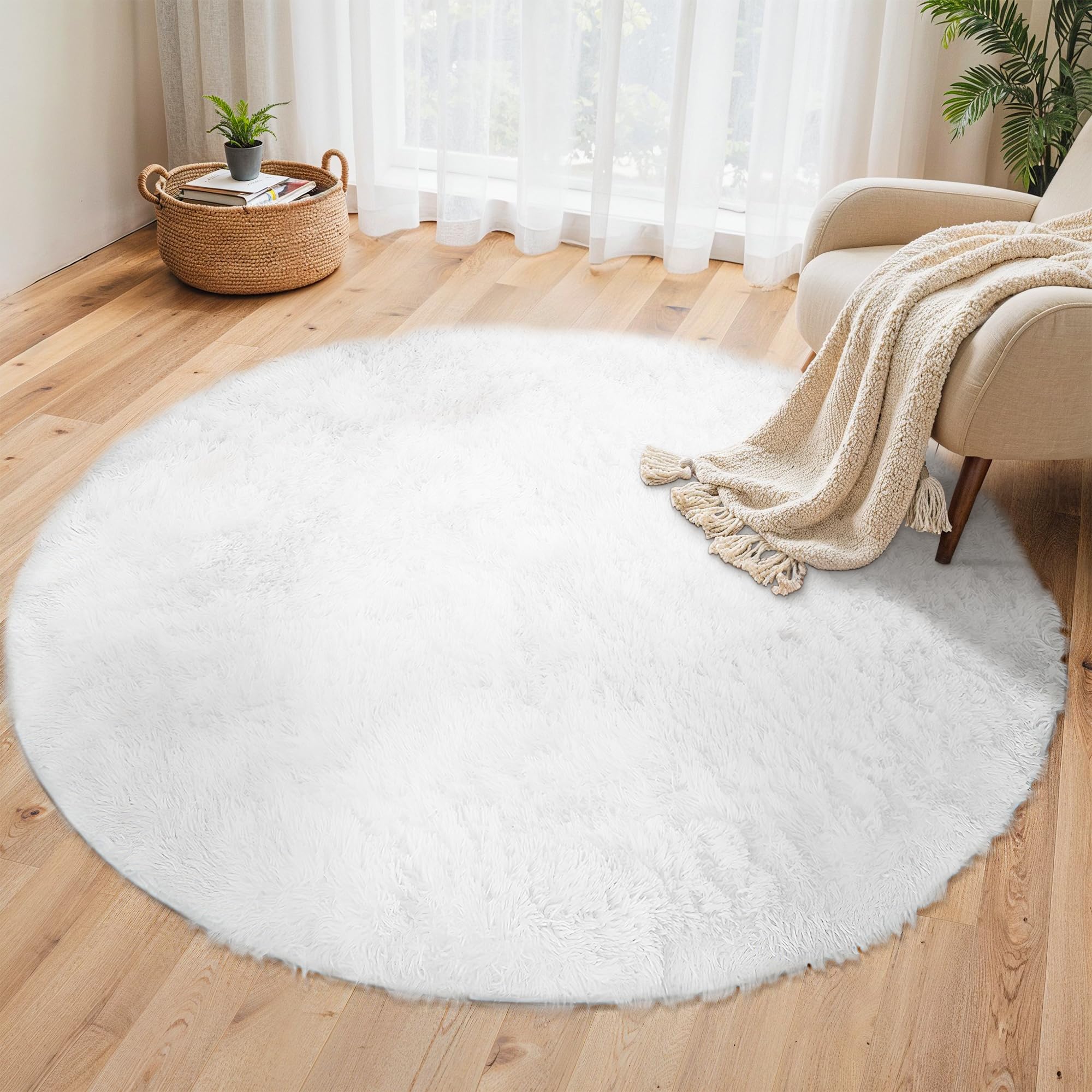 BEIMO Hochflor Teppich Flauschig Weiß Teppich Wohnzimmer Rund 100CM Teppiche Schlafzimmer Anti-Rutsch Bettvorleger Teppiche Weich rutschfest für Kinderzimmer
