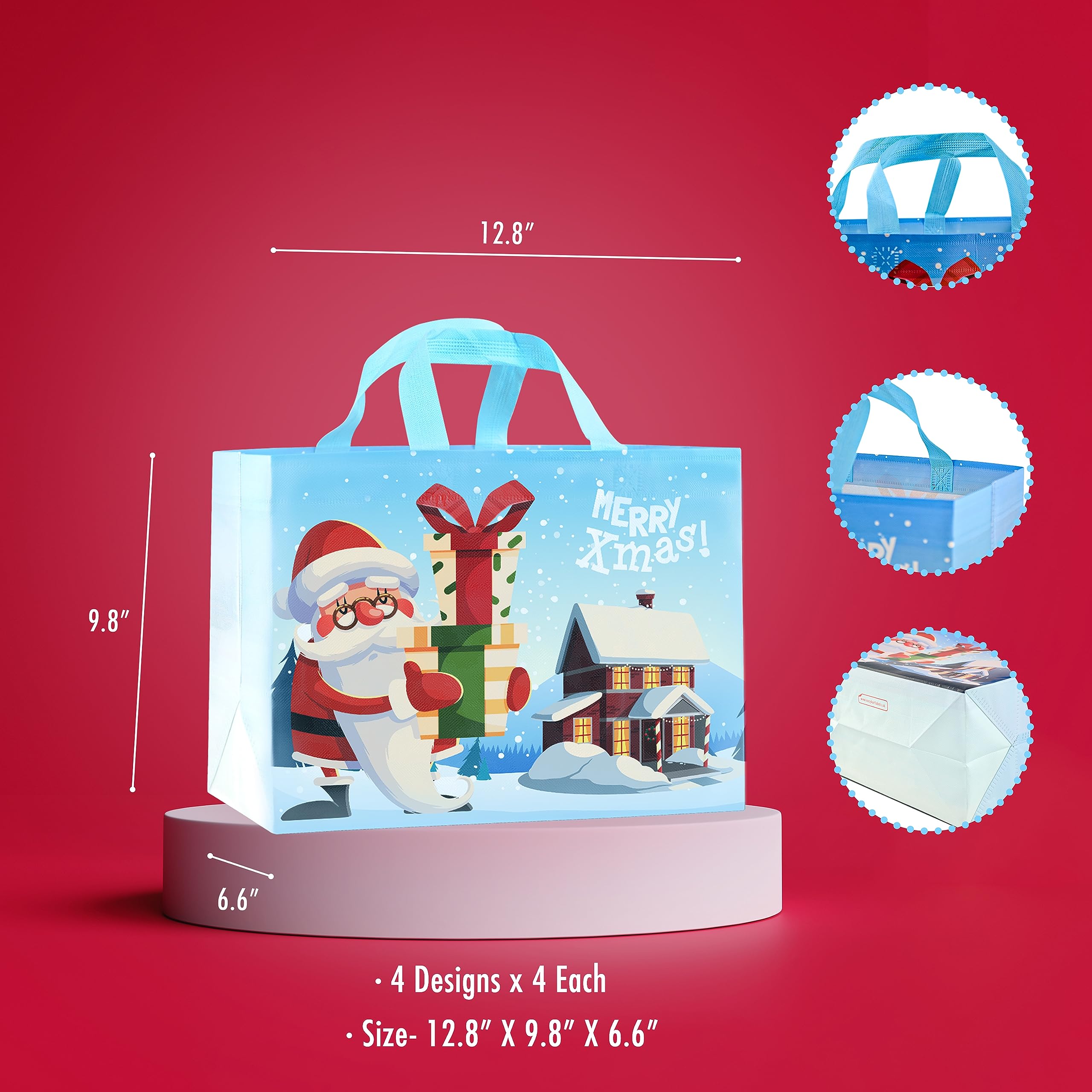 16 Sacchetti Regalo Di Natale In Tessuto Non Tessuto - 8 Design Con Manici, 32x25x17 Cm - Per Regali, Shopping E Feste A Tema