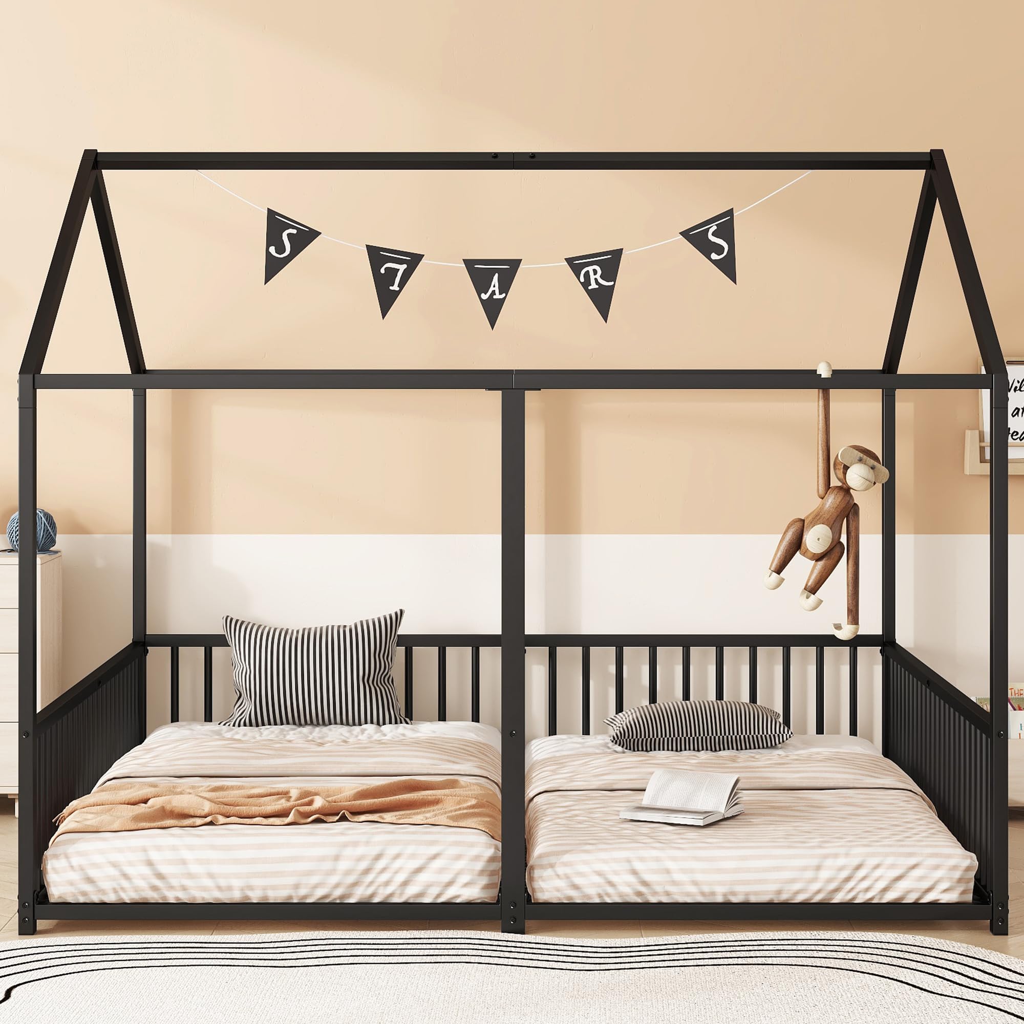 Dolamaní Bodenbett 180x200 cm 2 Kinder mit rausfallschutz, 90x200 cm Einzelbetten 2-in-1, Hausbett Metall Geschwister Bett, Kinderbett Bodentief (Schwarz B)