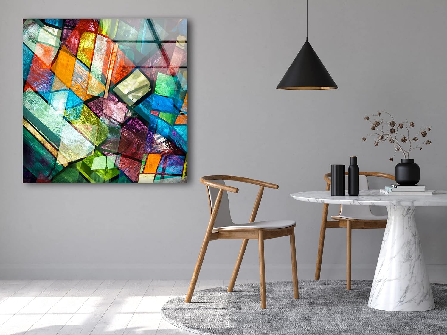 Myphotostation Church Window Stained Tempered Glass Wall Art 24x24'' Abstract Stained Wall Art Modern Decor Glass Printing Large Wall Art Tempered Glass Panel Geometric Stained Wall Decor image 4