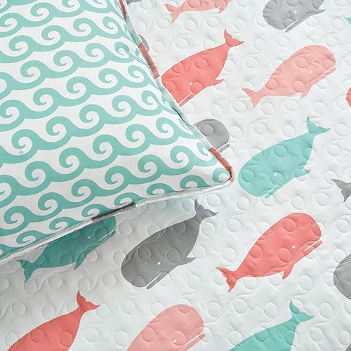 Miniatura 6 de Lush Decor Whale Kids - Juego de ropa de cama reversible de 5 piezas con funda y almohadas decorativas, matrimonialqueen, rosa y aguamarina