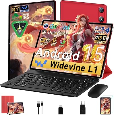 Tablet Android 15 Tablet 10 Pollici Gemini AI, 64GB ROM +2TB TF, 5G WiFi, Octa-Core, Bluetooth 5.0, 5MP+8MP, 1280*800 FHD IPS, GMS Certificazione, Widevine L1, Tablet 2 in 1 con Tastiera e Mouse,Rosso