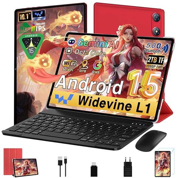 Gemini AI 15 10 Inch Android Tablet with 64GB ROM + 2TB TF, Octa-Core, 5G WiFi, Widevine L1, GMS, Bluetooth 5.0, 5MP + 8MP, 3.5mm Audio, 1280 x 800 FHD IPS, Tablet with Keyboard and Mouse – Red