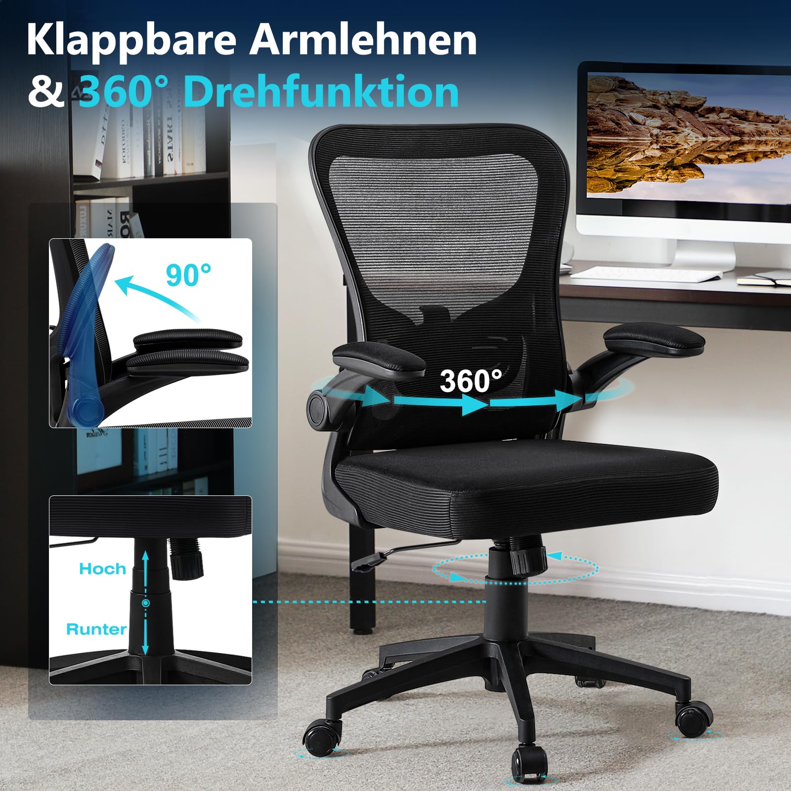 Hellove Home Office Schreibtischstuhl, Ergonomischer Computer-Mesh-Arbeitsstuhl mit mittelhoher Rückenlehne, höhenverstellbarem, bequemem Sitz, Drehstuhl mit hochklappbaren Armlehnen