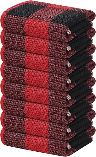 Homaxy Toallas de cocina a cuadros de 100 % algodón, 13 x 28 pulgadas, súper suaves y absorbentes, para secar platos, paquete de 8, negro y rojo