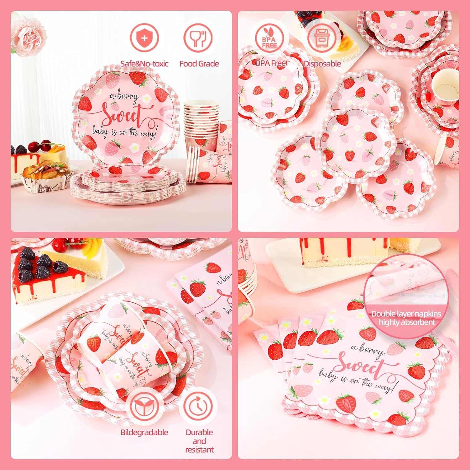 Strawberry Baby Shower Decorations for Girl, Baby Shower Plates and Cups and Napkins Sets Serves 50, Strawberry Plates, A Berry Sweet baby Is On The Way Decorations, Berry Sweet baby shower