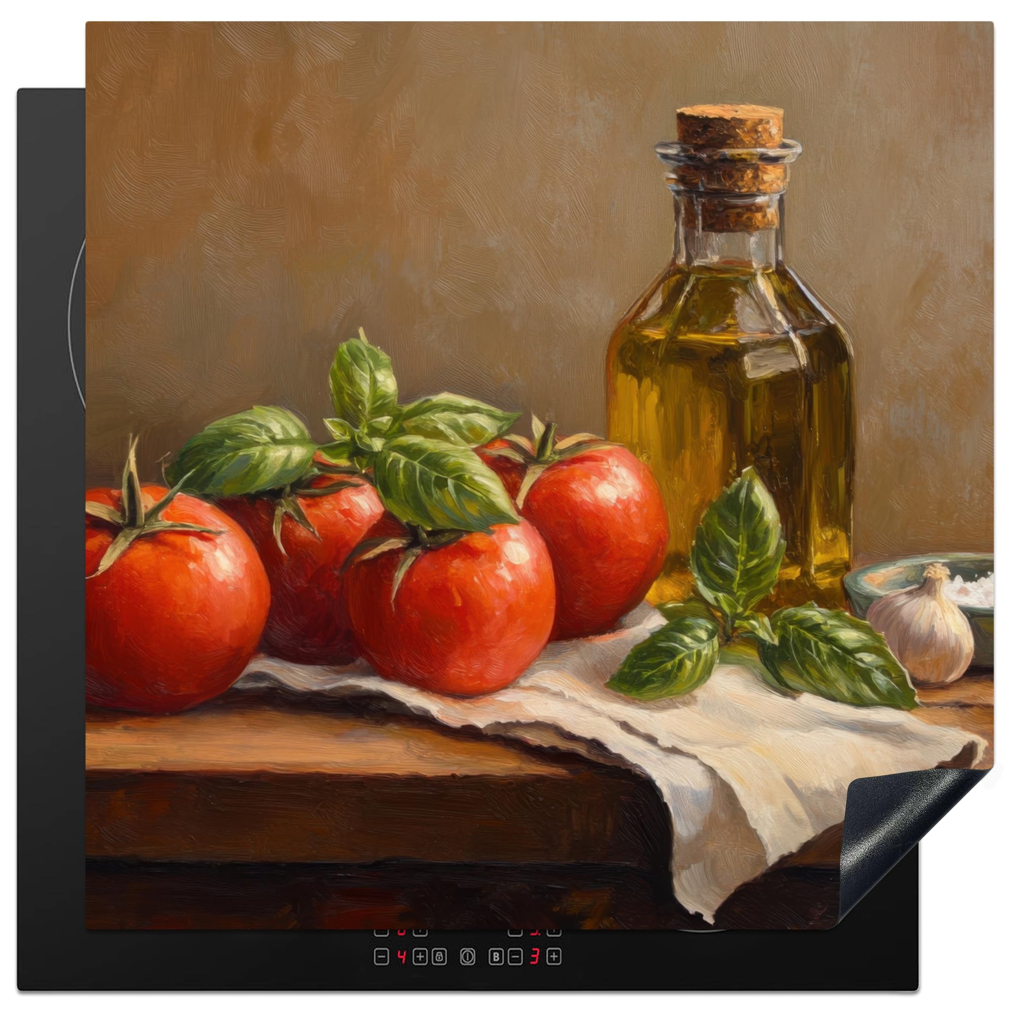 KitchenYeah© Induction Hob Protector Mat 30.7"x30.7" / 78x78 cm Stove Cap Top Cover Kitchen Cooker Covers for Electric Hobs Vinyl Tomatoes - Olive Oil - Still Life