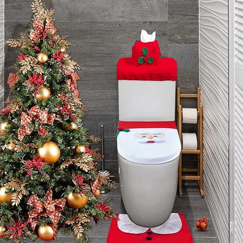 Miniatura 6 de ZeeDix Juego de funda de asiento de inodoro de Navidad, 3 piezas de muñeco de nieve rojo de Papá Noel suave para decoración de baño de Navidad