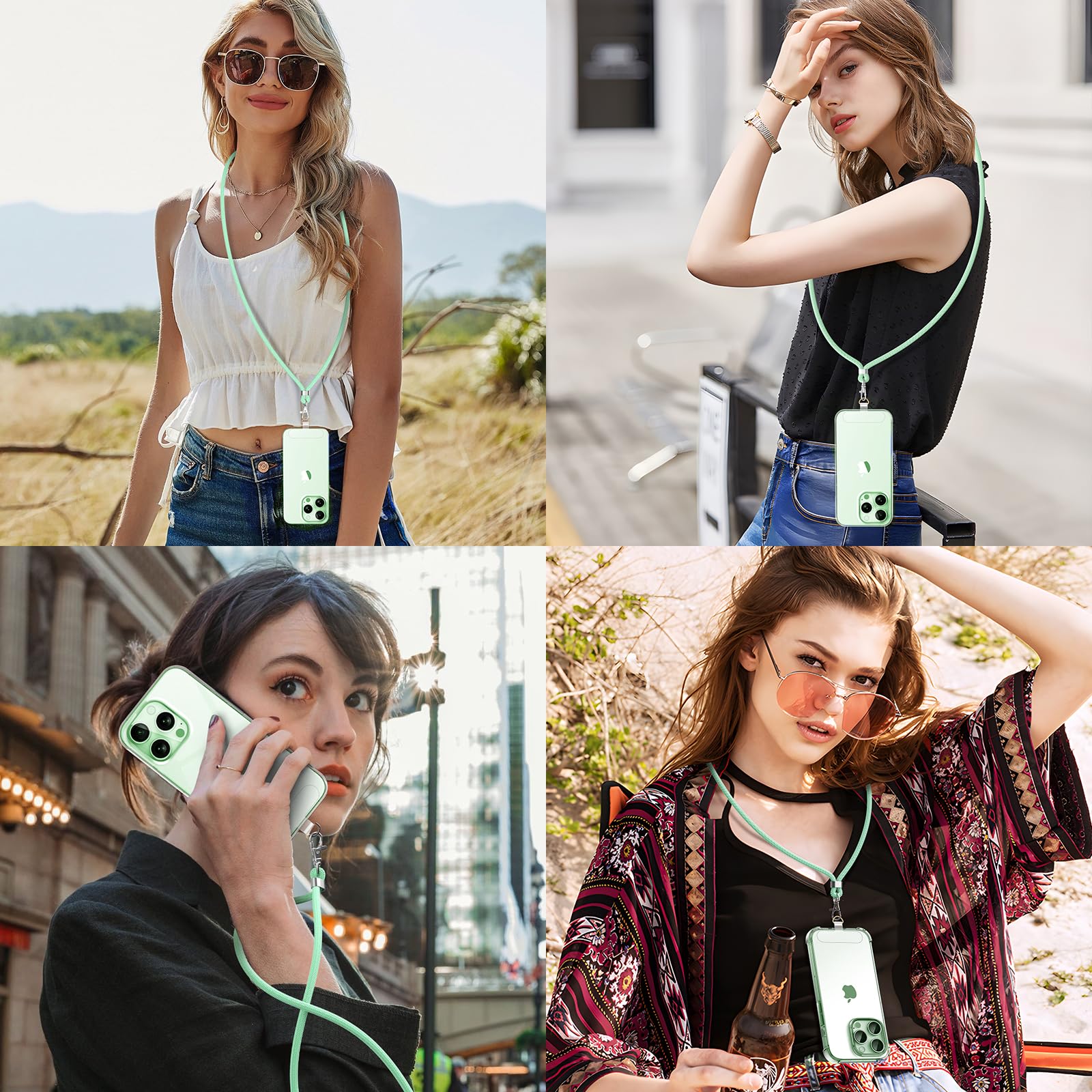 caslord Cordino per Cellulare*1, Trasparente Patch Universali*2, Adatto a Tutti Gli Smartphone, Cinturino per Cellulare Abbinabile a Qualsiasi Custodia, Regolabile e Rimovibile - Verde menta