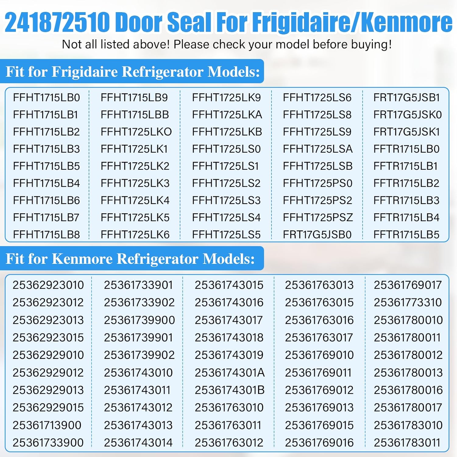 Upgraded 241872510 Refrigerator Door Gasket Compatible with Frigidaire Refrigerator Door Gasket, Black 41"x27" AP4316177 PS2331950 240542110 240542122 Door Seal Kenmore Fridge Door Gasket Replacement