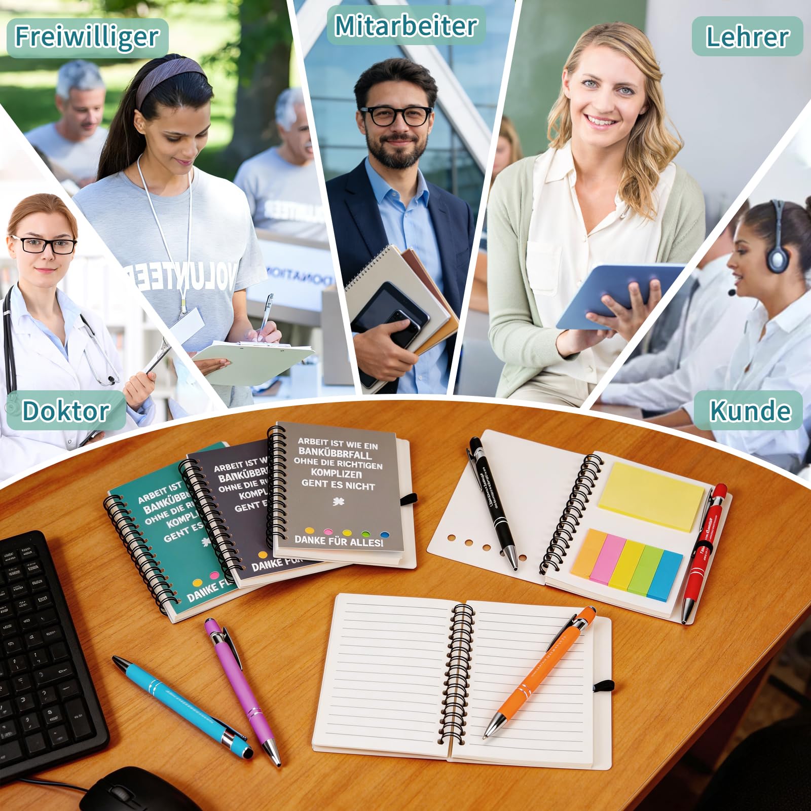 Meetory Abschiedsgeschenk Kollege - 10 Sets Dankeschön Geschenk Mitarbeiter Motivierendes Inspirierendes Geschenk Spiral Notizbuch mit Kugelschreiber und Schlüsselanhänger für Kollegin Jobwechsel Team