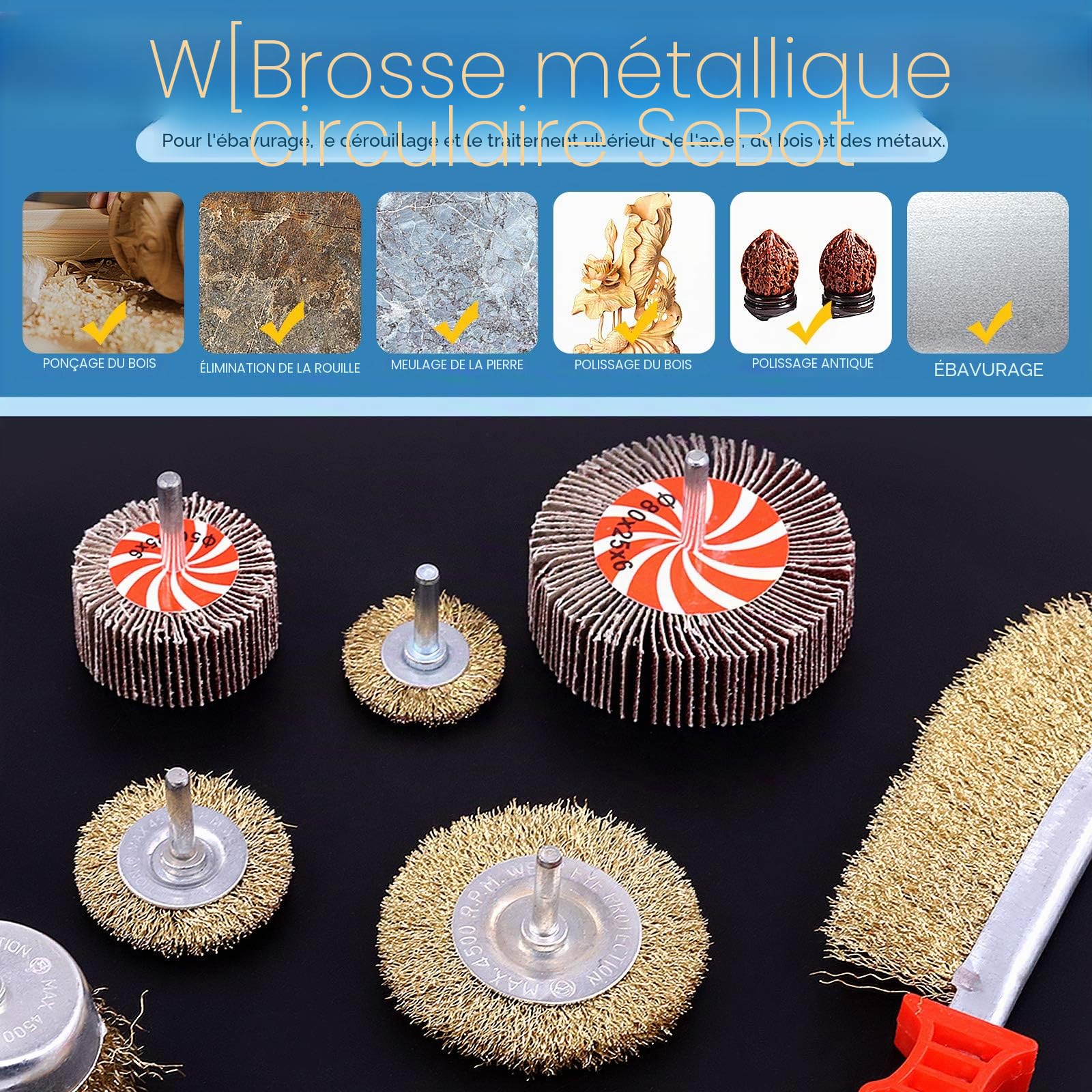 Glarks Ensemble de 9 brosses à roue métallique, brosse à roue métallique à revêtement en laiton avec tige de 6 mm pour l'élimination de la rouille de fer, la corrosion et le ponçage des surfaces