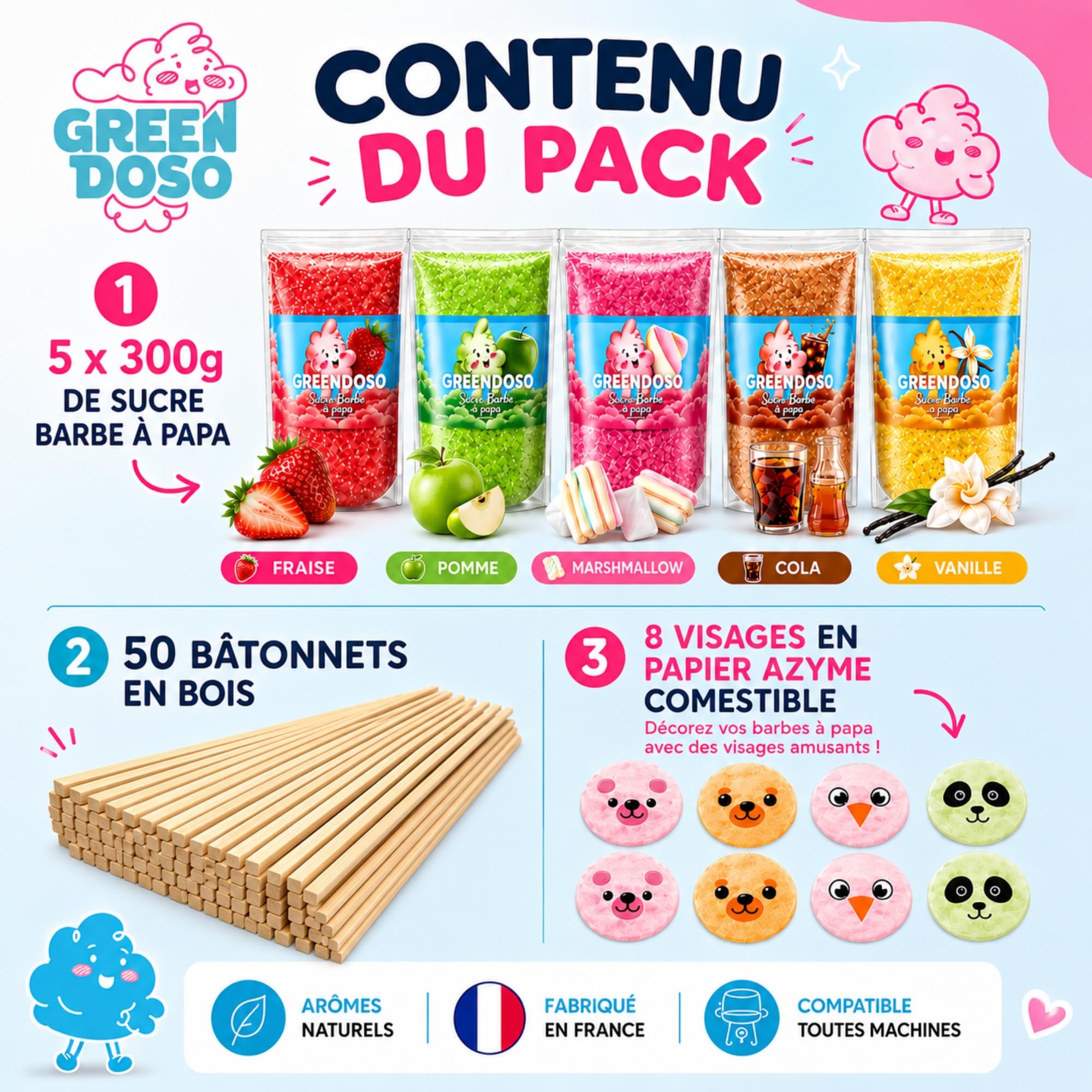 GREENDOSO® Sucre Barbe à Papa pour Machine (5x300 gr) – Arômes Naturels – Lot de 5 Goûts (Fraise/Cola/Pomme/Marshmallow/Vanille) – 50 Bâtonnets