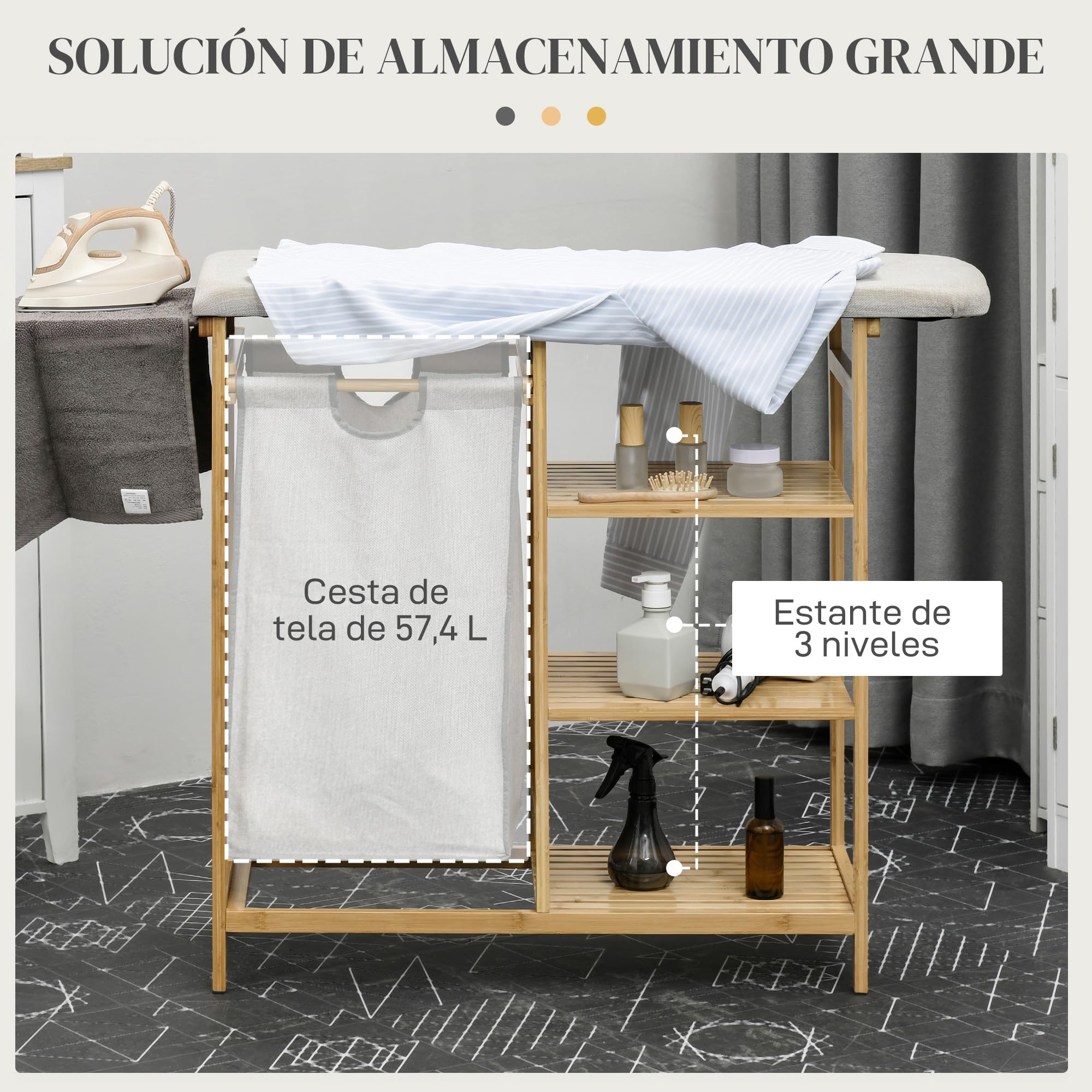 HOMCOM Cesto de Ropa Sucia 57,4L con Tabla de Planchar 113x34x82 cm Natural | Cesta Ropa Sucia de Bambú, Soporte para Plancha, 3 Estantes, Bolsa Extraíble, Estantería de Baño para Lavandería