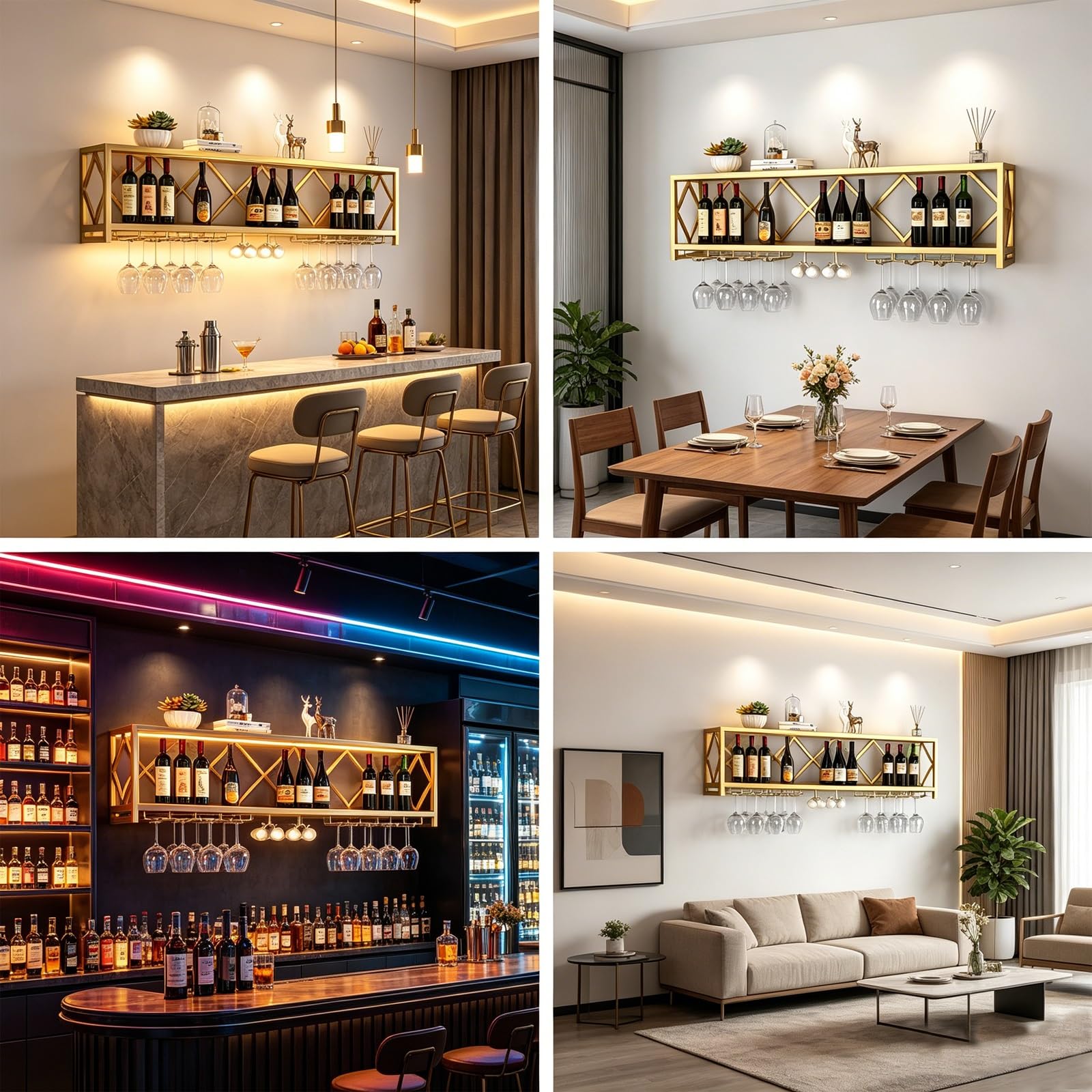 Stojak na Wino Metalowy Mały Stal Węglowa Wzmocnione Rury Wielofunkcyjny | Stojak na Wino do Montażu na Ścianie, Lakier Wysokotemperaturowy, do Salonu, Domu, Baru, Piwnicy(Gold,80x25x40CM)