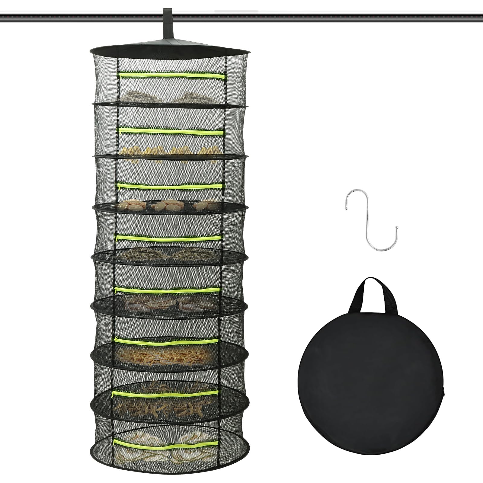 Filet de séchage 8 couches pour herbes aromatiques, avec support, séchoir à herbes suspendu, filet de séchage avec crochets en S, filet de suspension pliable pour fleurs séchées, poissons