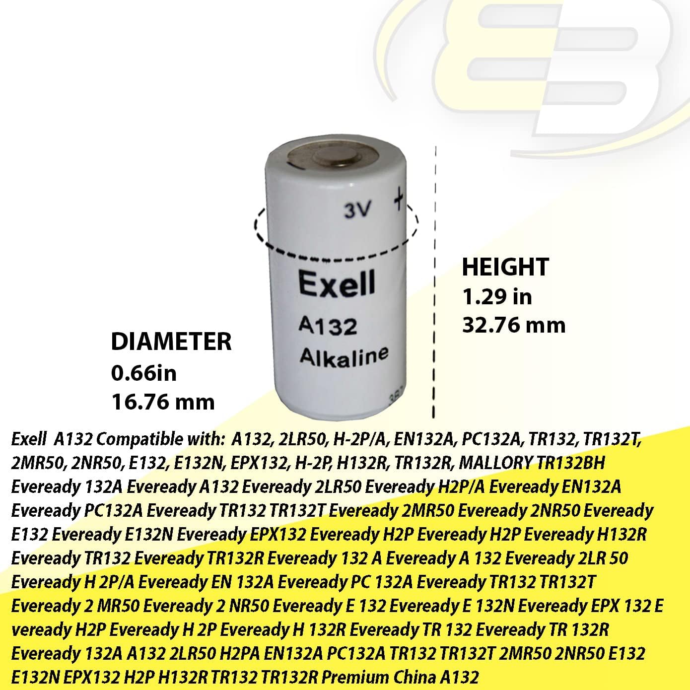 Exell A132 Battery Dimensions