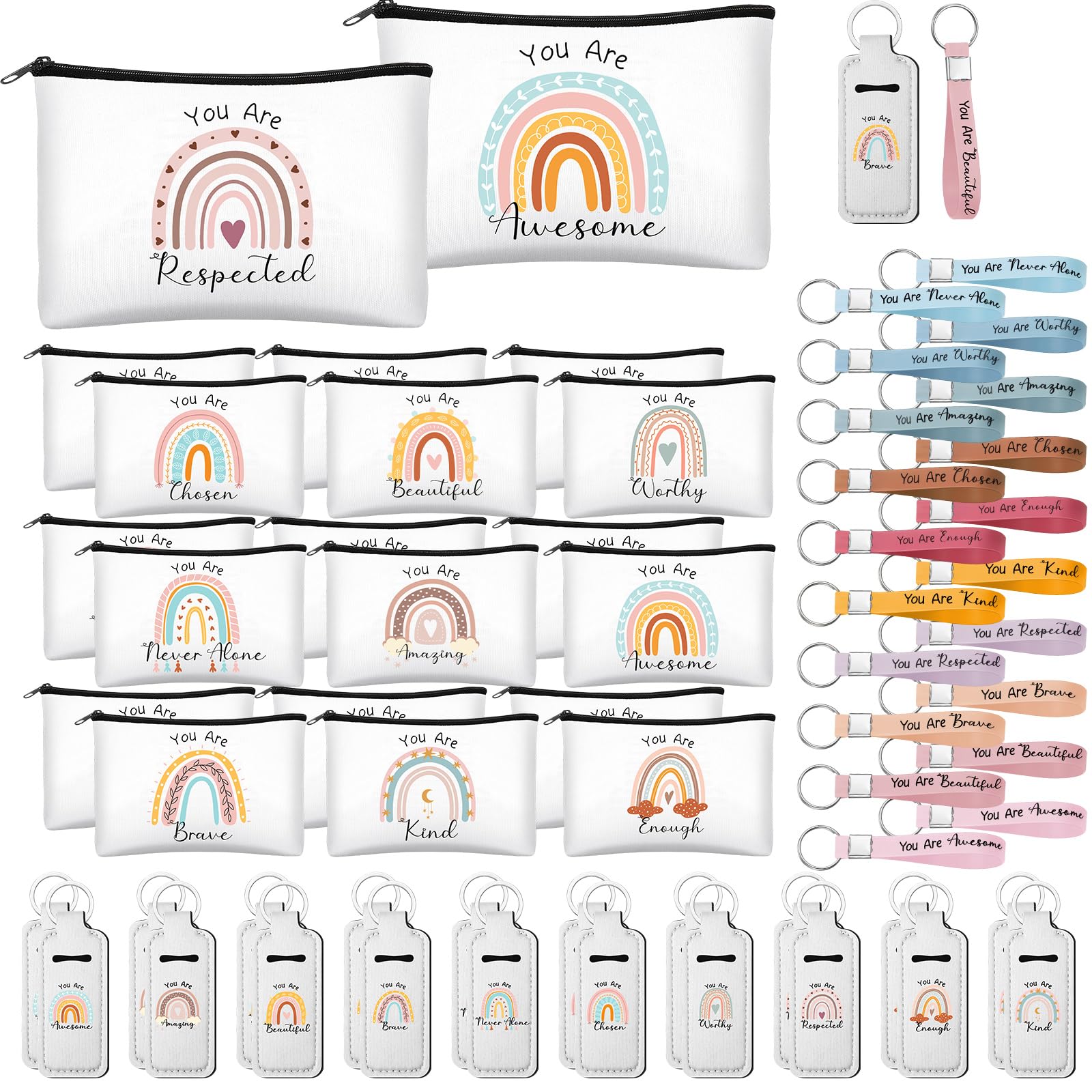 Hushee 60 Pcs Rainbow Makeup Bags Sets Inspirational Gifts Bulk for Women Motivational Cosmetic Bags Silicone Keychain Rainbow Lipstick Holder Teacher
