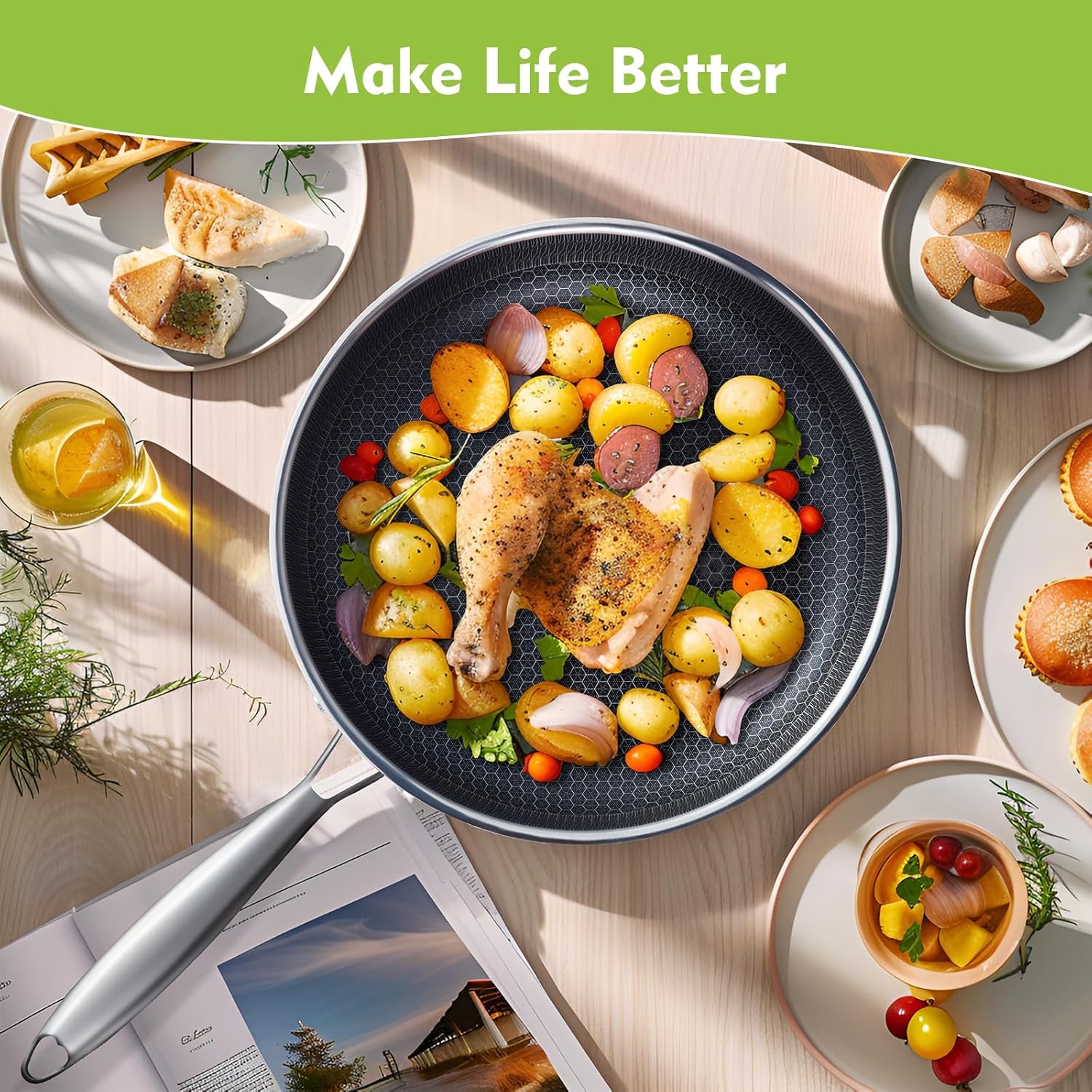 Non Stick Frying Pans, Hybrid 12 Inch Frying Pans Nonstick with Lid, Stainless Steel Skillets Chef Cookware, PFOA Free, Works on Induction,Ceramic,Gas Cooktops and Ovens - Image 3