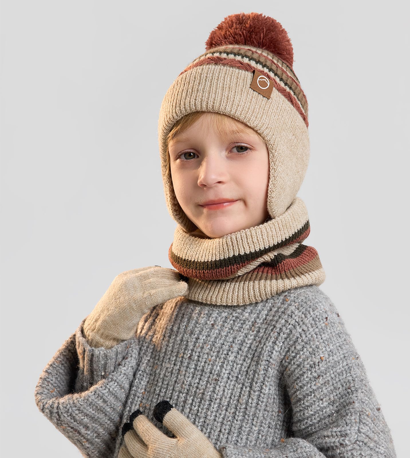 Ensemble Bonnet Écharpe Gants Hiver 3 en 1 Enfant, avec Cache-Oreilles & Doublure Polaire, Gants Tactiles - Lot Chaud Fille Garçon 4-10 Ans pour Ski et Froid