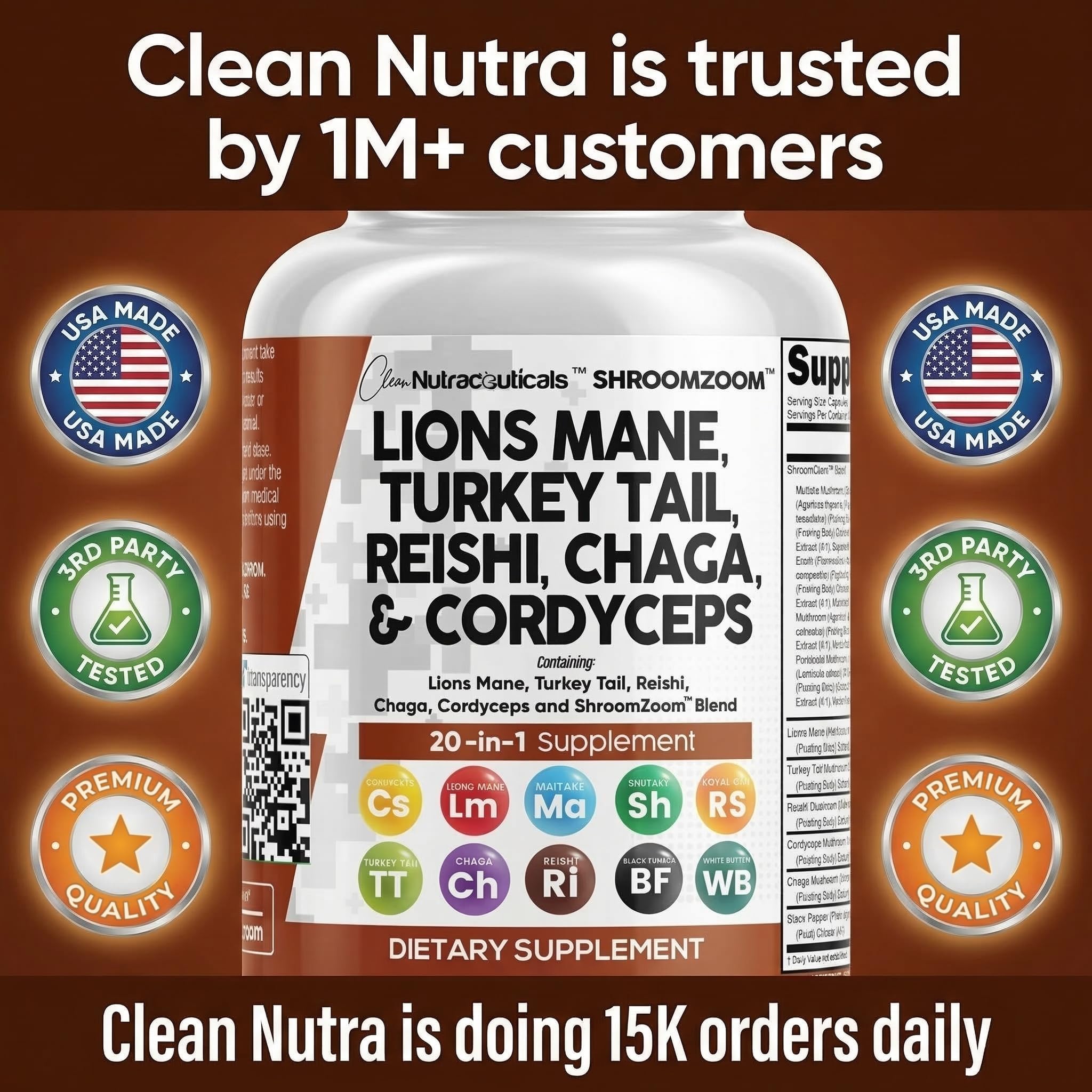 Clean Nutraceuticals Lions Mane 20in1 Mushroom Supplement with Turkey Tail Reishi Cordyceps Chaga Maitake Meshima Poria Cocos Shiitake Oyster Porcini Enoki - 1 Pack — Amazon image 8