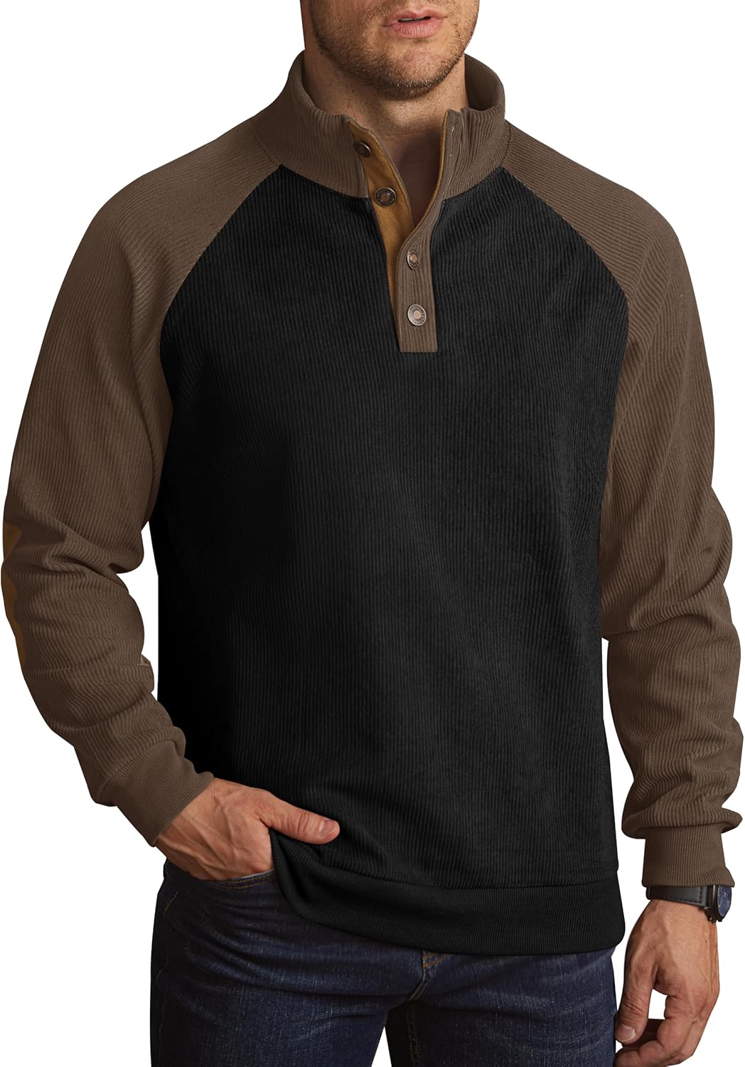 Mens Corduroy Fleece-Lined Sweatshirts Winter Heavyweight Casual Fashion Button Pullover (S-3XL)