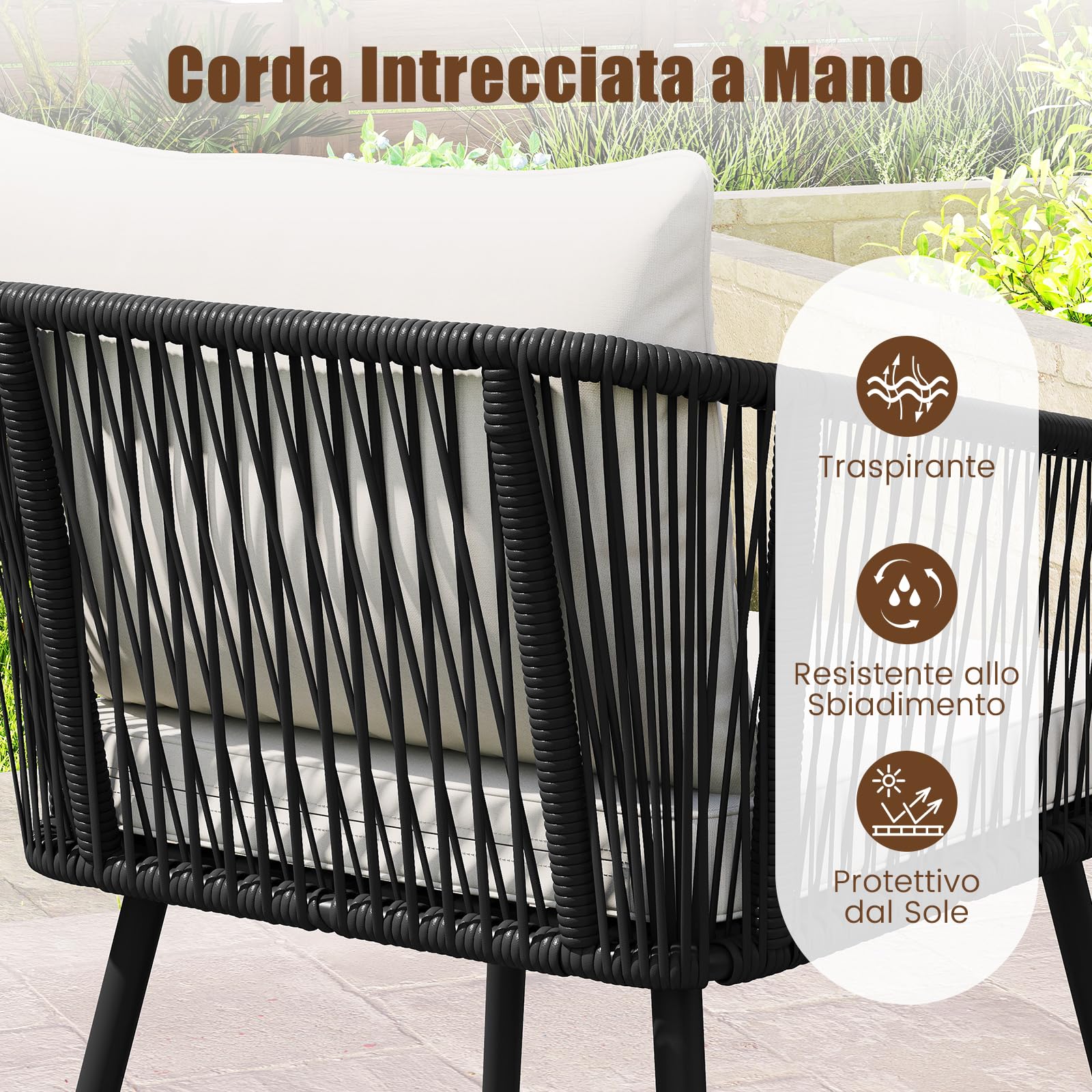 COSTWAY Set di 4 Pezzi in Corda PE da Giardino, Set Bistrò con Divano, Tavolino in Vetro Temperato, 2 Poltrone e Cuscini, Mobili da Giardino da Esterno per Cortile e Piscina