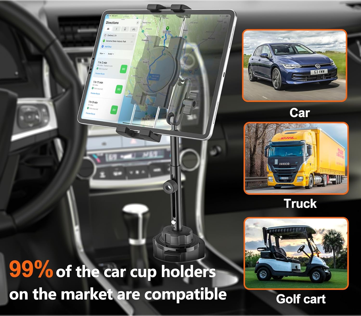 Cup Holder Tablet Mount for Car [Metal Arm Telescopic Design] Truck Caravan Cupholder iPad Mount with Adjustable Long Arm for iPad Pro Air Mini, Galaxy Tab, Kindle, Fire, 4-13" Phones & Tablets