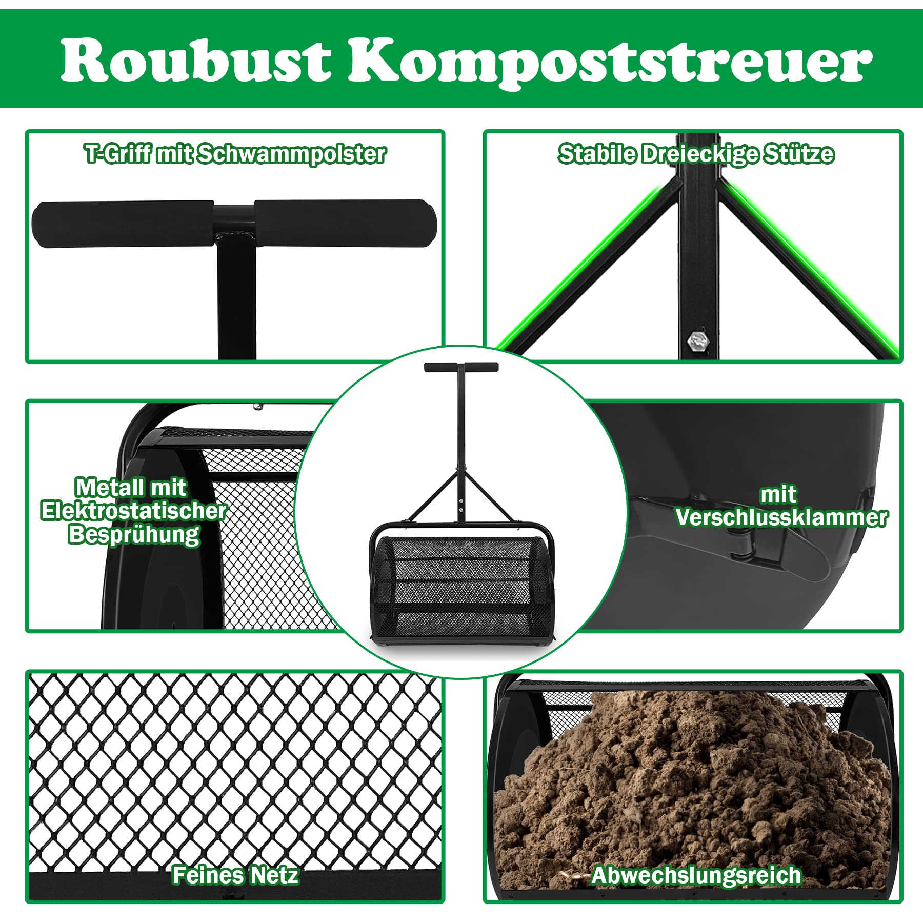 SUBTLETY 80 l rozsiewacz nawozów i nawozów kompostowych do trawy Torfowa sitko z gąbką metalowy uchwyt i kosz siatka Ø40x65cm przenośny rozsiewacz maszyny do przesiewania ziemi