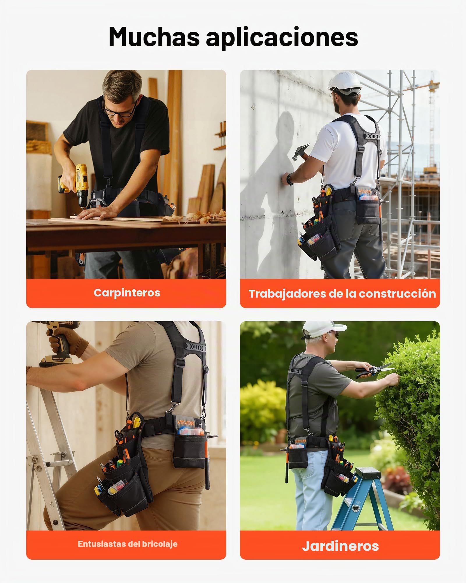 VEVOR Cinturón Portaherramientas para Profesionales, con 19 Bolsillos y Tirantes, para Electricistas, Carpinteros y Trabajadores de la Construcción, Ajustable de 800 a 1310 mm, Poliéster 600D