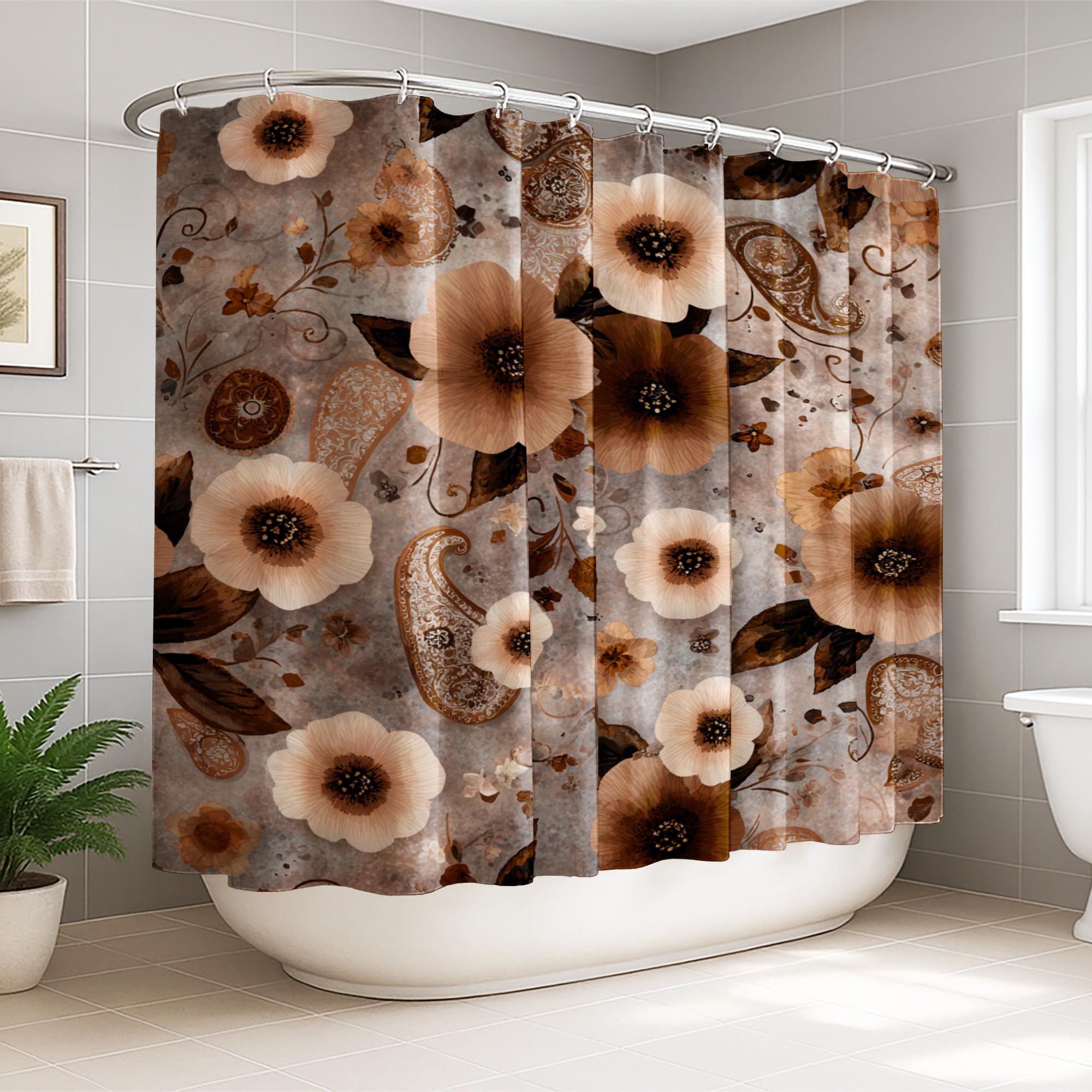 Grand rideau de douche motif feuille automne cachemire marron