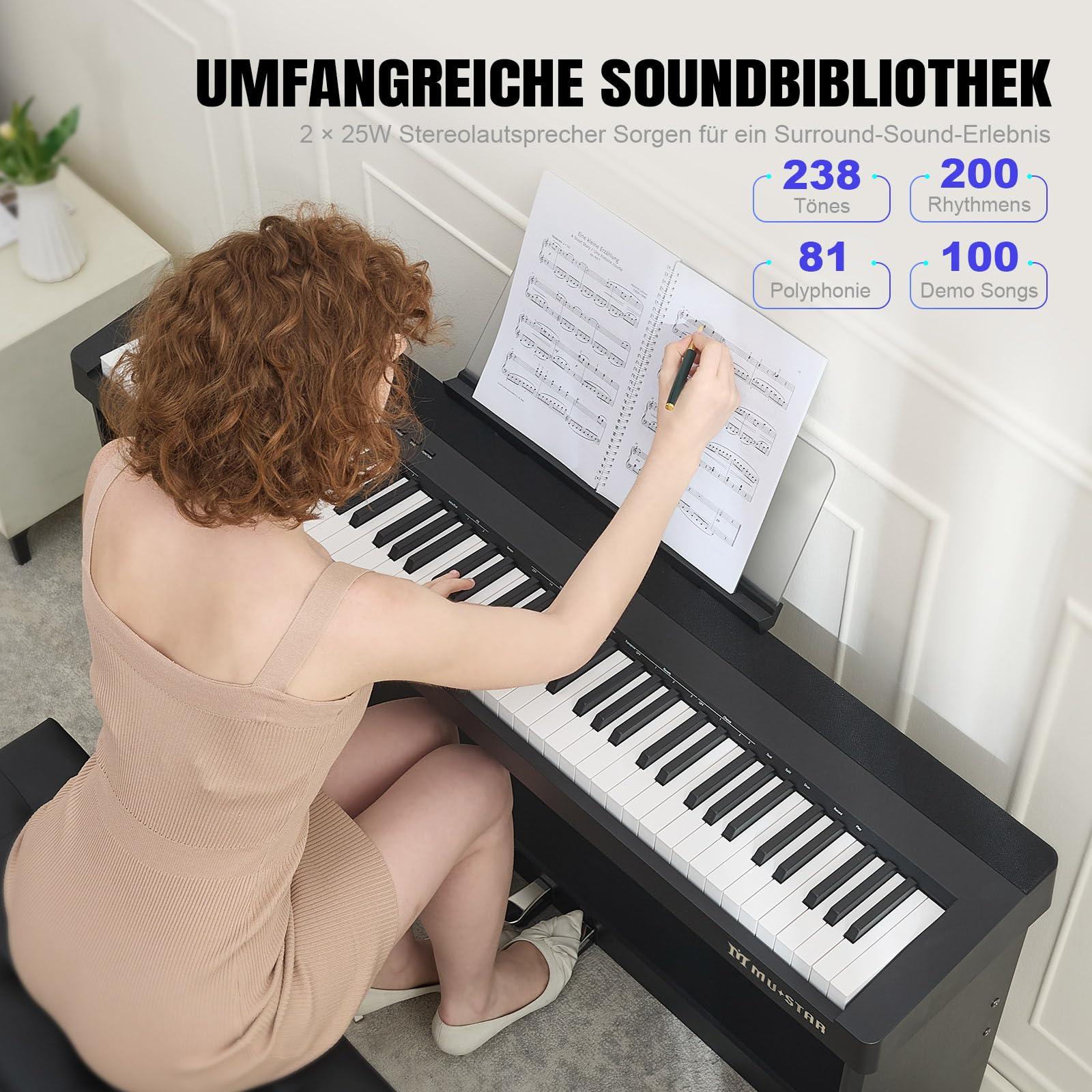 MUSTAR Piano digital de 88 teclas con mecanismo de martillo, piano clásico profesional, función dual y transpose, 3 pedales, soporte para piano, altavoz, USB/MIDI, negro