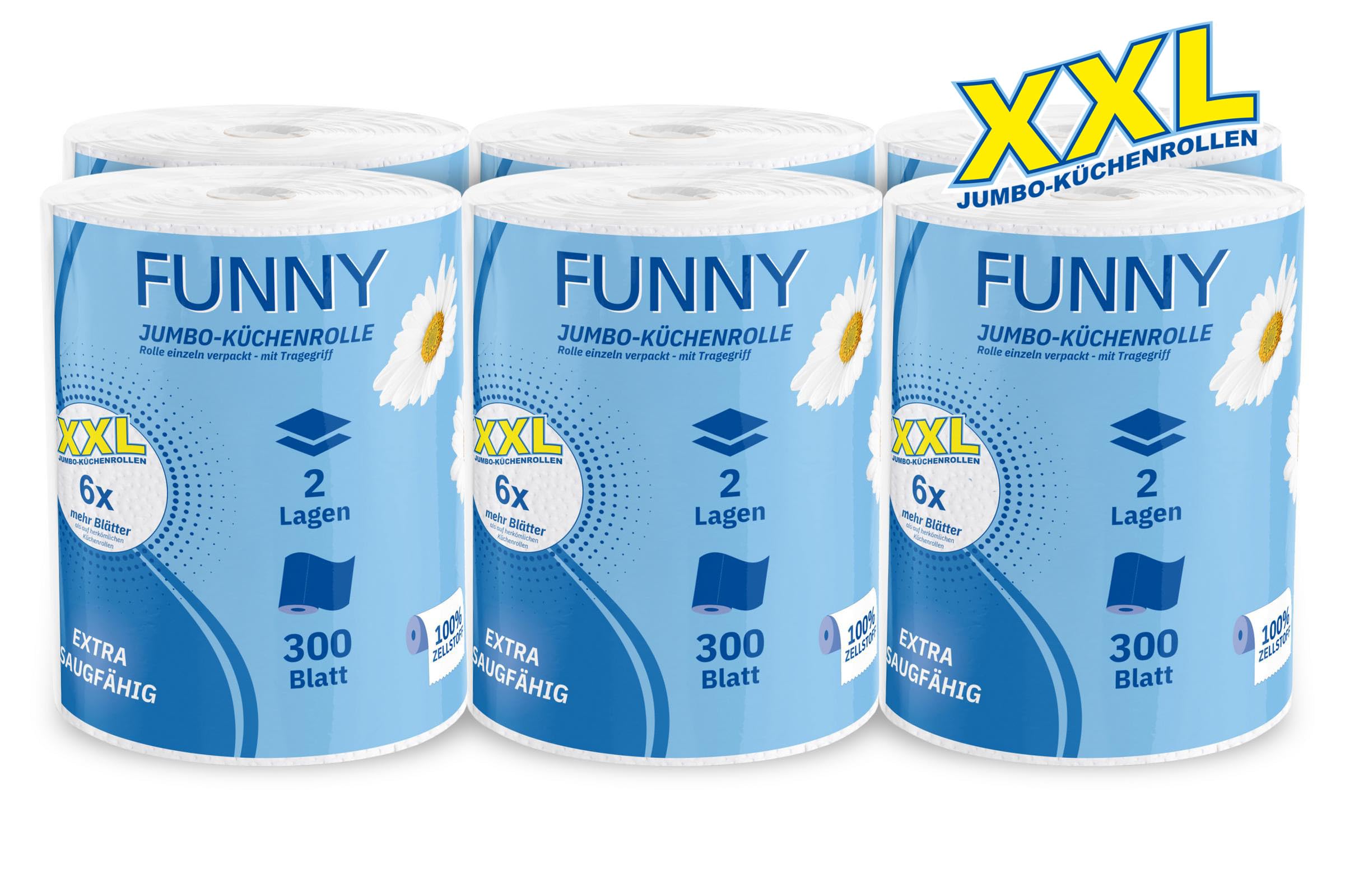 Funny Jumbo-Küchenrolle XXL 6 Rollen | 2-lagig, 100% Saugstarker Zellstoff, 300 Blatt pro Rolle | Vorteilspack mit Tragegriff, 22,4 x 21 cm | Ideal für Küche, Bad & Haushalt