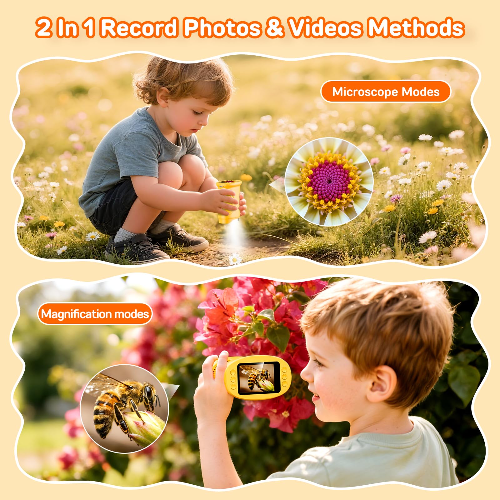 Microscopio de Mano 200X para niños, Pantalla de 2", Recargable, 8 Luces LED Ajustables, Mini microscopios Digitales de Bolsillo, Regalo Educativo para 4 a 12 Años - Naranja