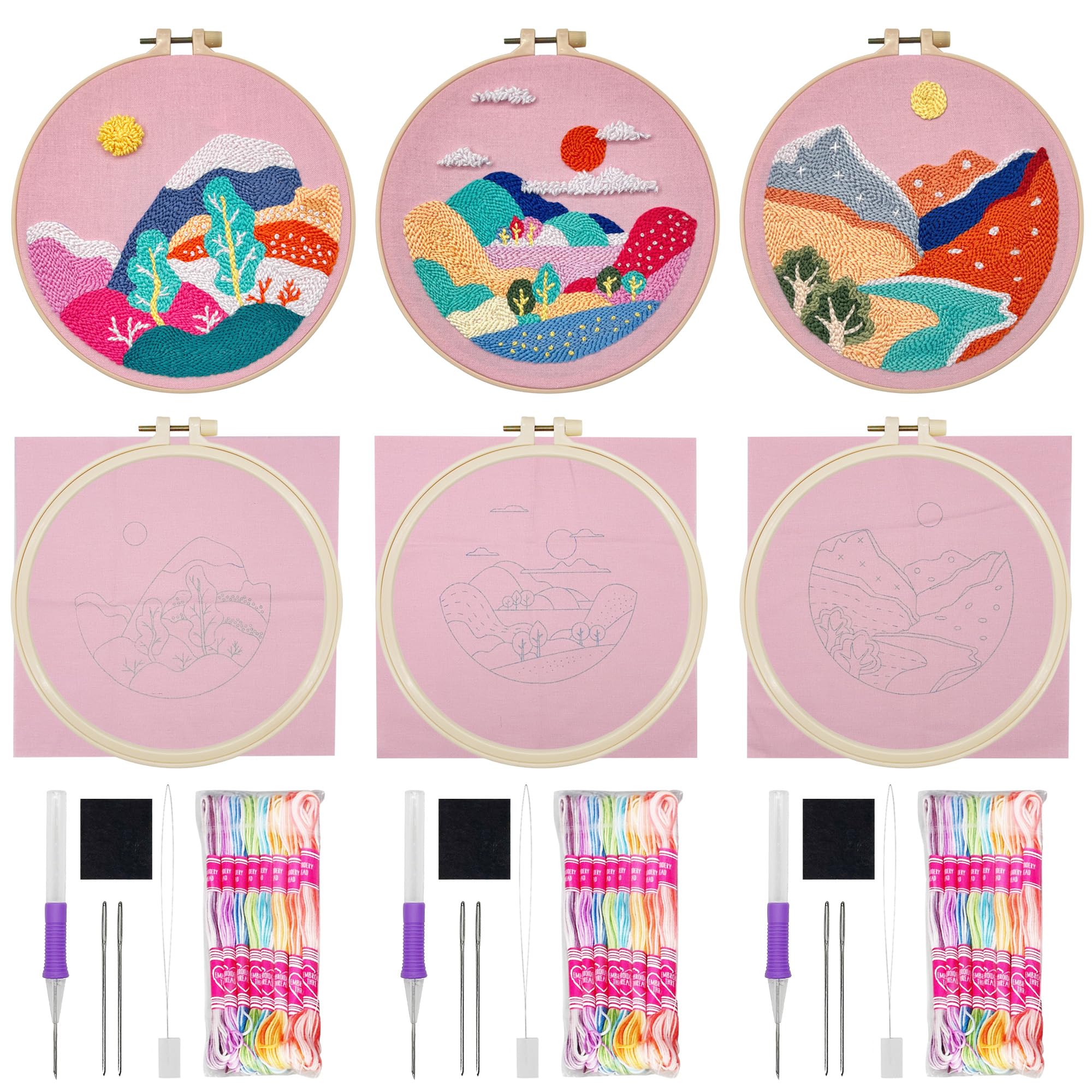 Allazone Punch Needle Kit Ricamo Starter Kit, 3 Pz Kit Completo per Ricamo con Motivo e Lstruzioni, Set da Ricamo per Principianti e Adulti (Tramonto e Montagne)