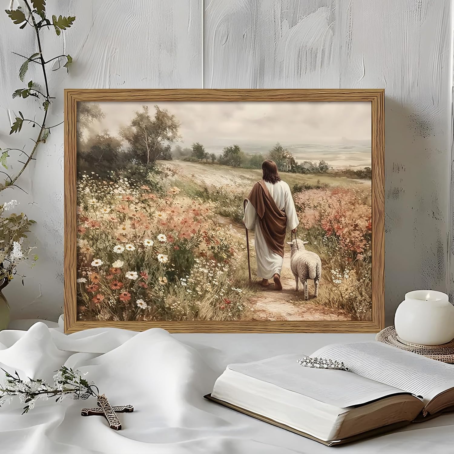 Framed Jesus And Lamb Wall Art, Christian Pictures Wall Decor, God Faith Paintings, Catholic Canvas Prints, Religious Spiritual Artwork for Church Bedroom Living Room Home Decor 16x24 Inch