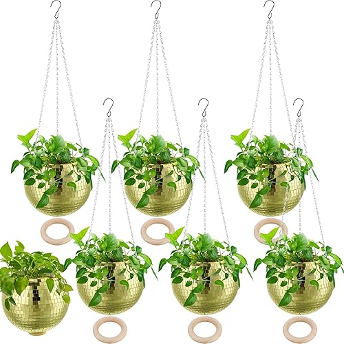 Remerry 6 macetas de bola de discoteca con espejo, macetas colgantes bohemias con cadena y anillos de madera para plantas de interior y exterior,