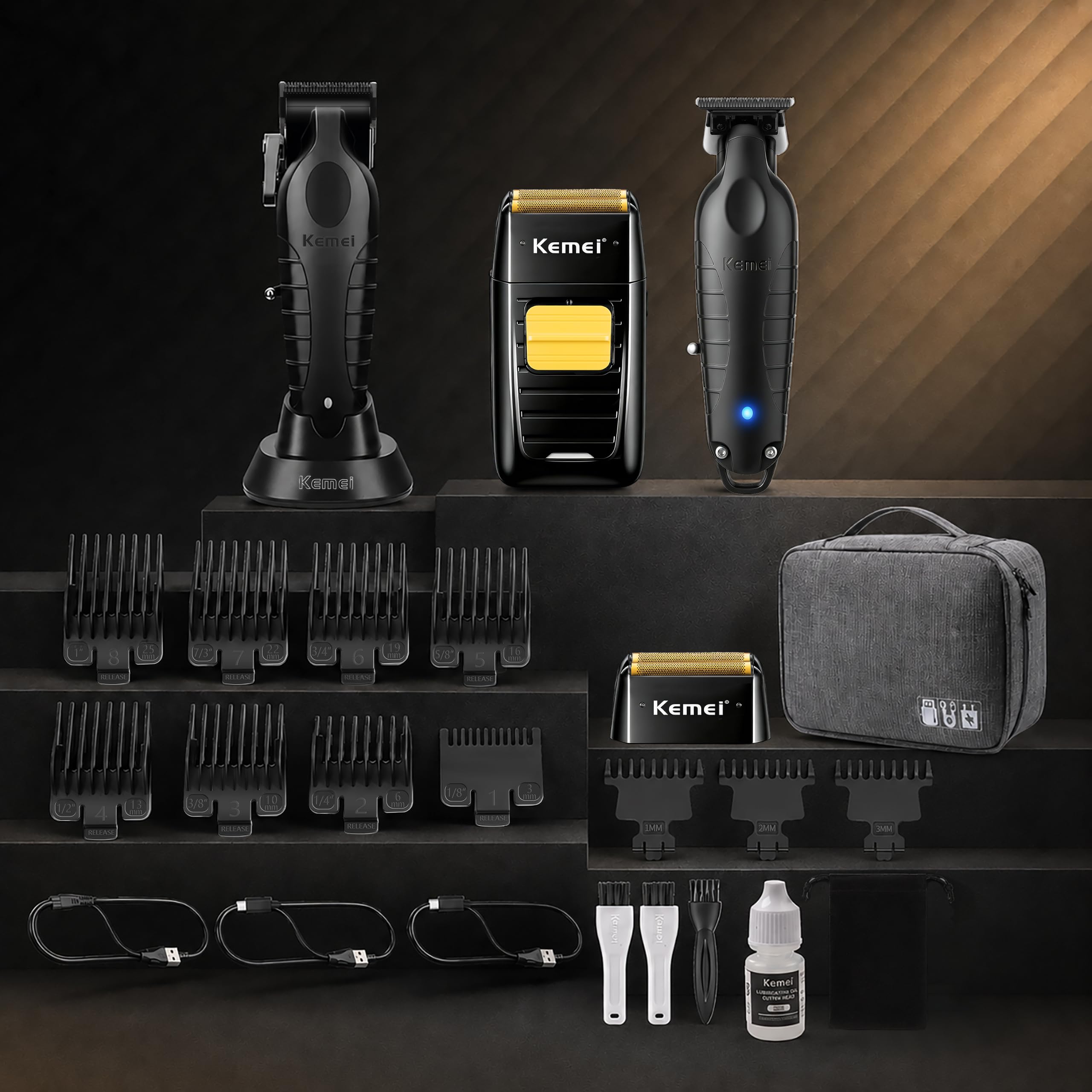 KEMEI set de cortapelos hombre 3 en 1, recortadora de barba inalámbrica | afeitadora eléctrica con cabezas y redes de repuesto, set profesional de barbería para peinado y barba caseros en casa