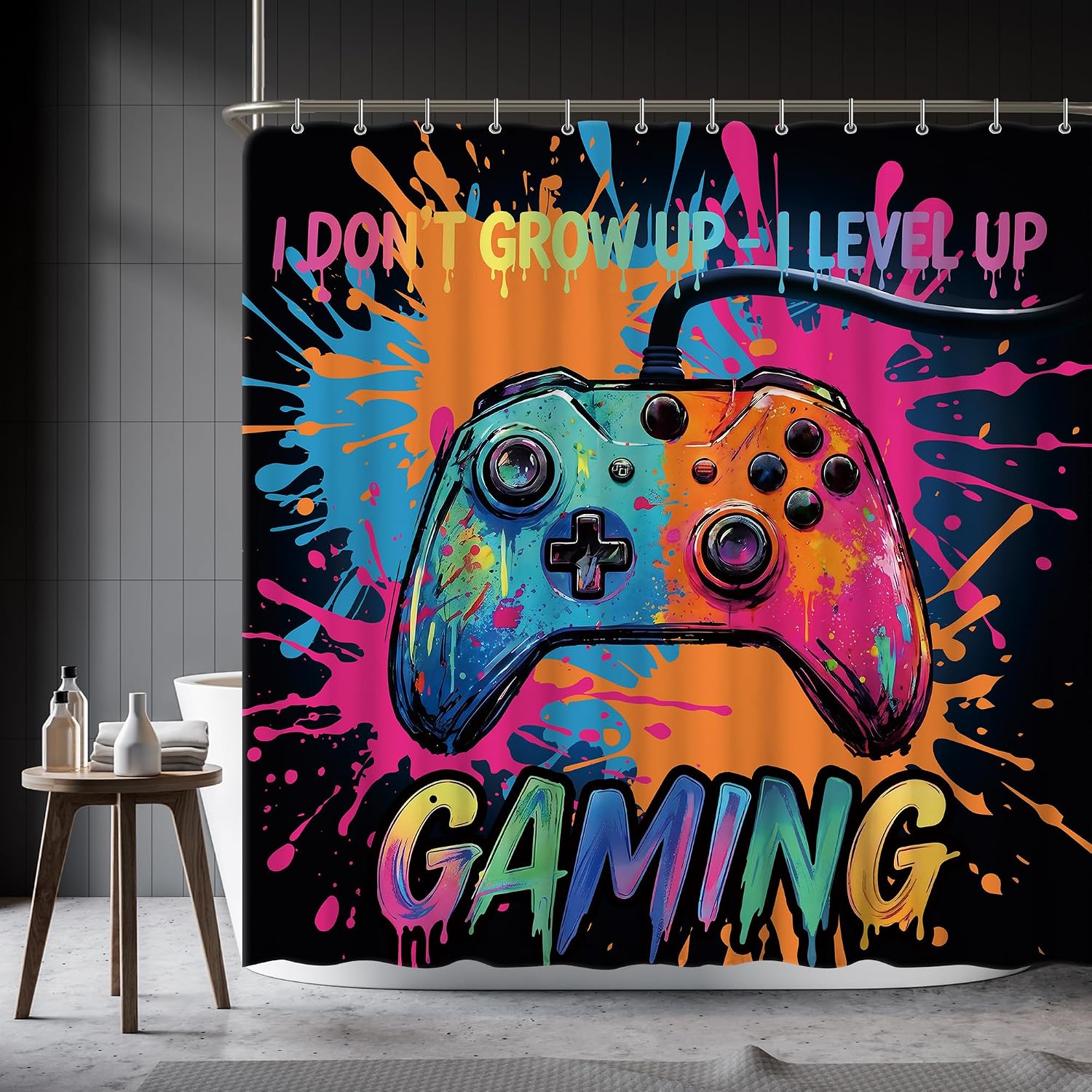 Gaming Shower Curtain Sets for Bathroom 72Wx72H Gamer Neon Shower Curtain Boys Teen Bathtub Curtain Video Game Funny Modern Gamepad Trippy Bathroom Decor with 12 Hooks image 4