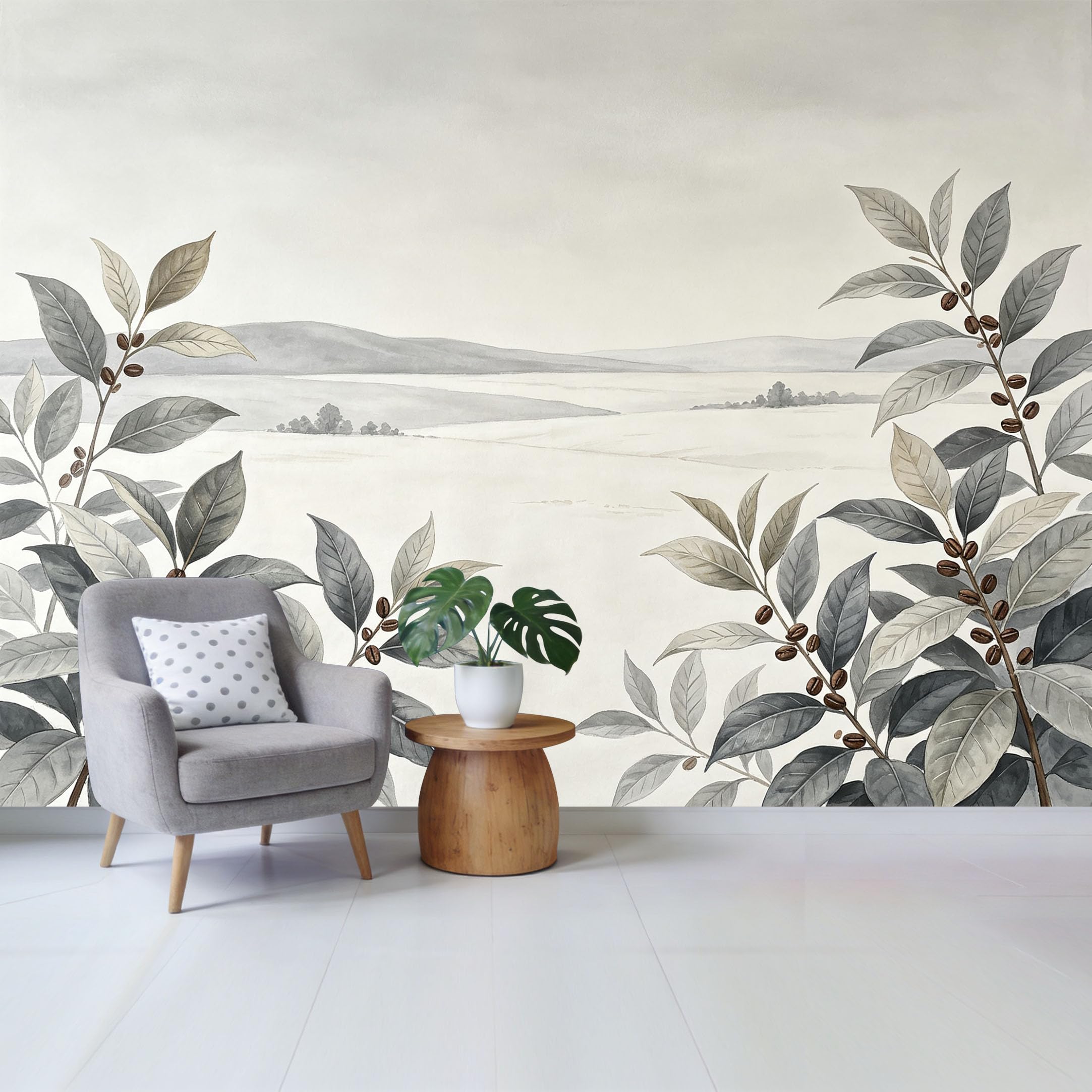 Qzlithotic Yq2605250763 Custom Size Wall Mural Watercolor Coffee Bean Branches Landscape Minimalist Soft Grey Aesthetic Selfadhesive Wall Fabric Removable Wallpaper For Home Office Decor