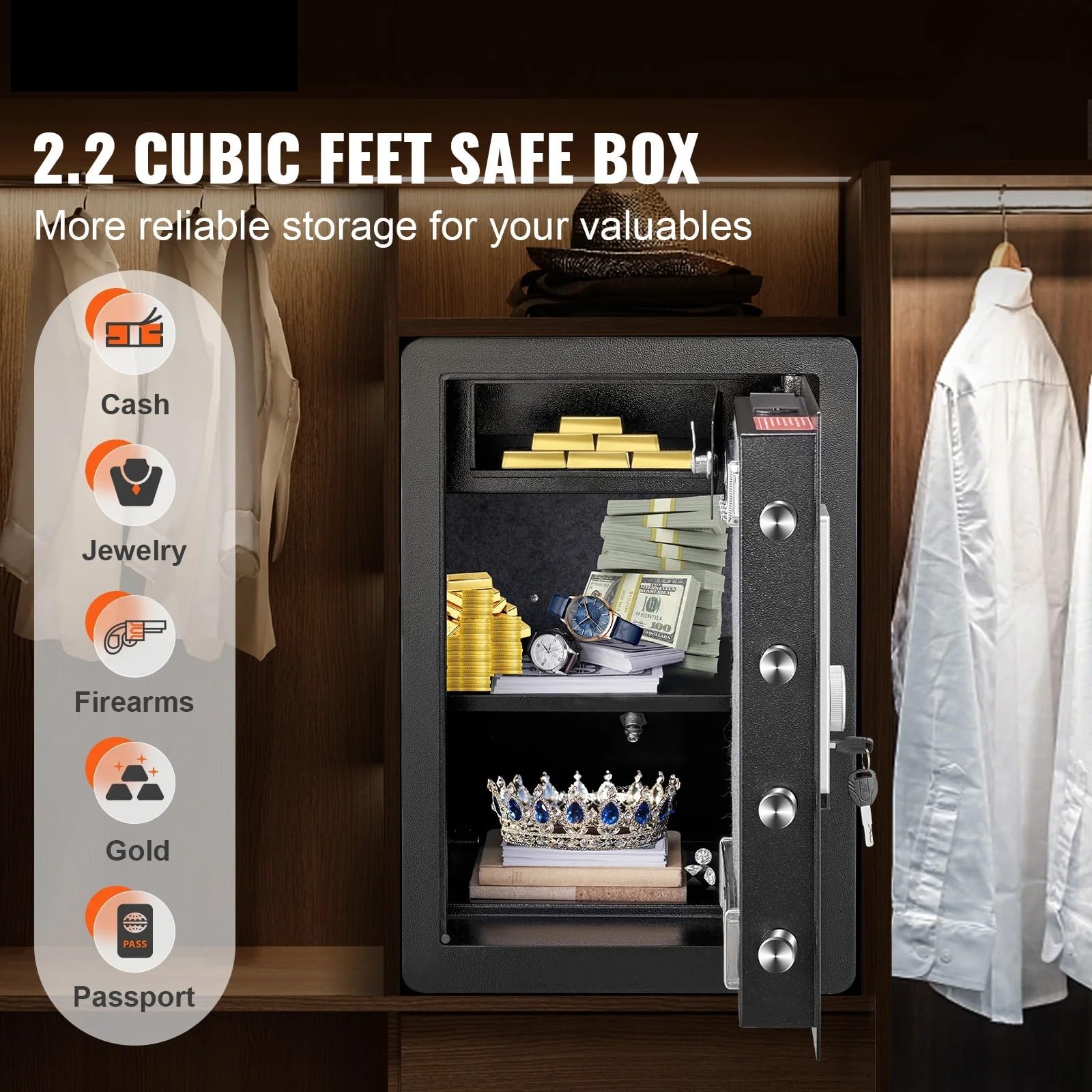 Cassaforte elettrica da 2,2/1,8 piedi cubi con impronta digitale e cassaforte di sicurezza digitale con borsa ignifuga for contanti, gioielli, documenti - Mini Safe(2.2 Cubic Feet)