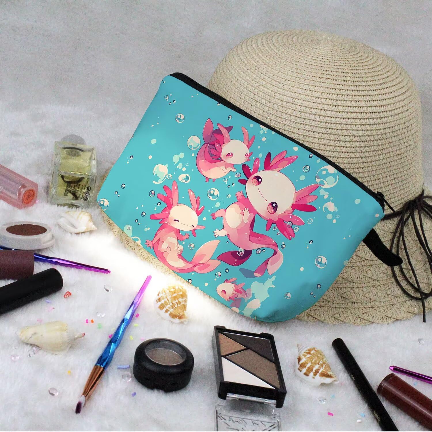 Bubble Axolotl Makeup Bag Cute Small Organizer Zipper Pouch Bubble Adorable Axolotl Cosmetic Bag Birthday Present for Women Friends - Image 7
