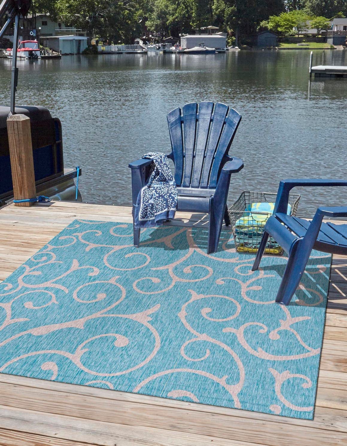 Unique Loom Outdoor Botanical Collection Area Rug - Curl (13' Square, Light Aqua/ Ivory)