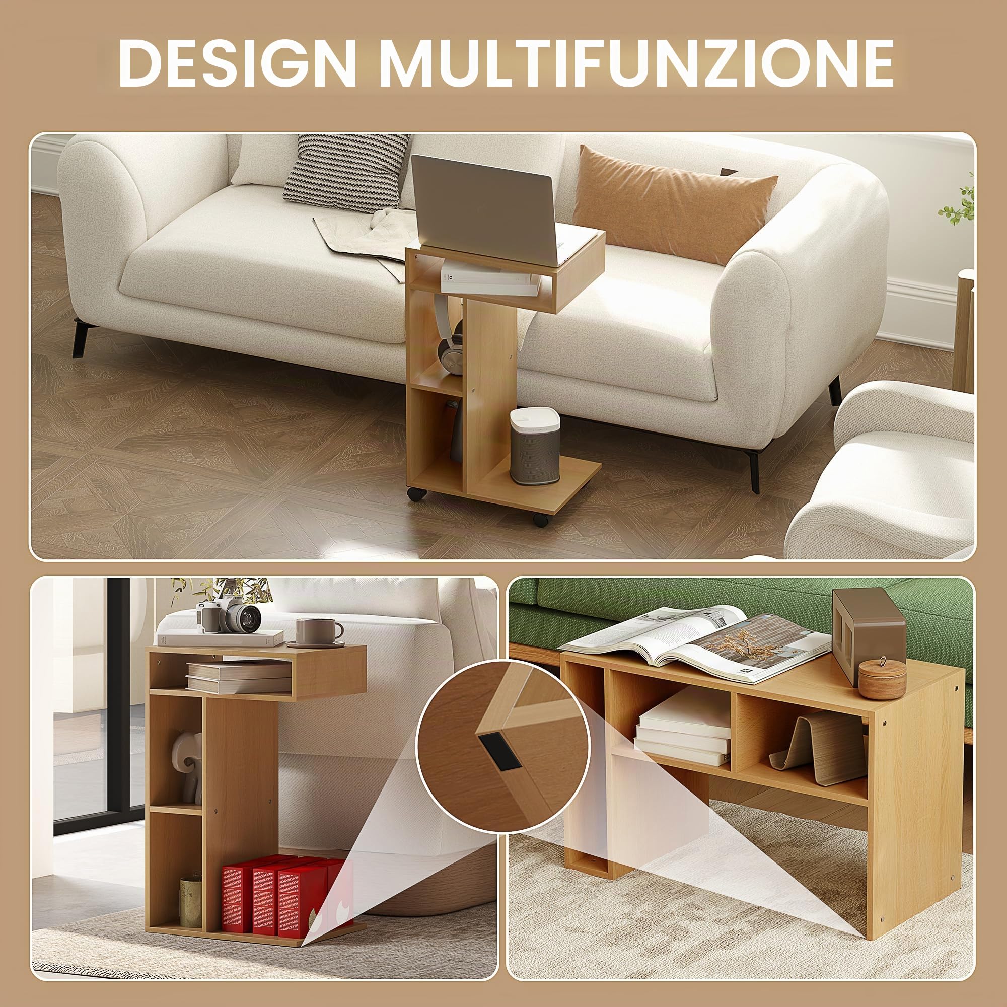 HOMCOM Tavolino multifunzionale a forma di C 40x30x69 cm rovere