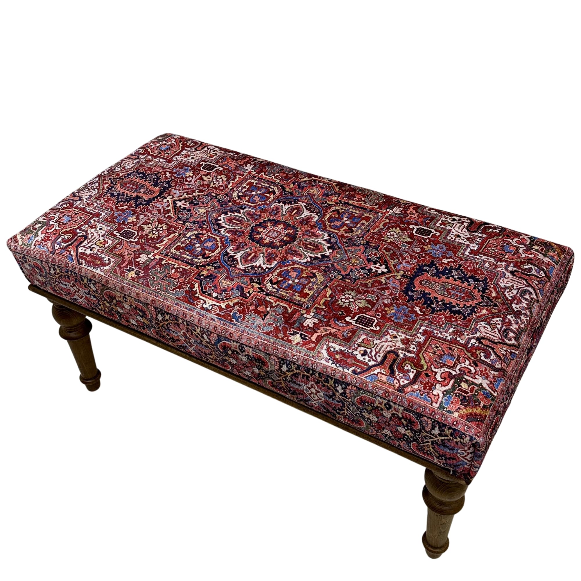 EASTERNRUGARTS Boho Red Heriz Rug Upholstered Ottoman Bench, Piano Bench, Decorative Farmhouse Bench, Wood Bench, Entryway Footstool Ottoman Bench,